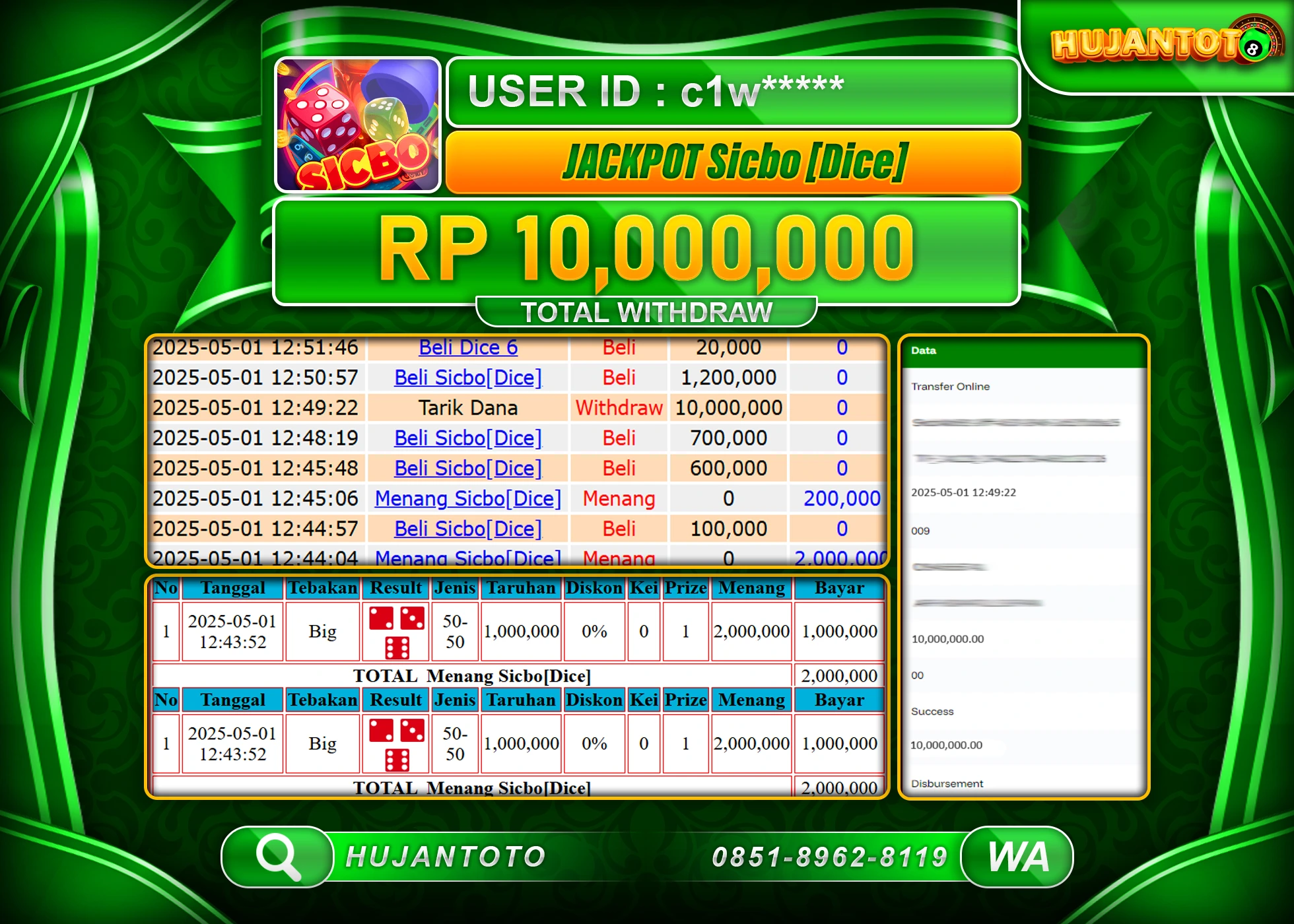 HUJANTOTO - BUKTI JACKPOT MENANG LIVE GAMES SICBO DICE Rp,10,000,000 - TERBAYAR LUNAS