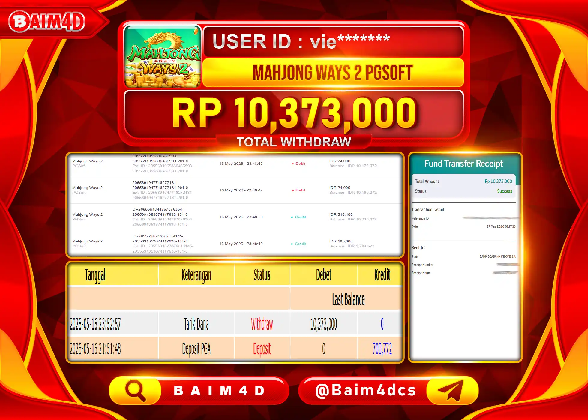 BAIM4D JACKPOT SLOT MAHJONG WAYS 2 Rp.10,373,000 - LUNAS