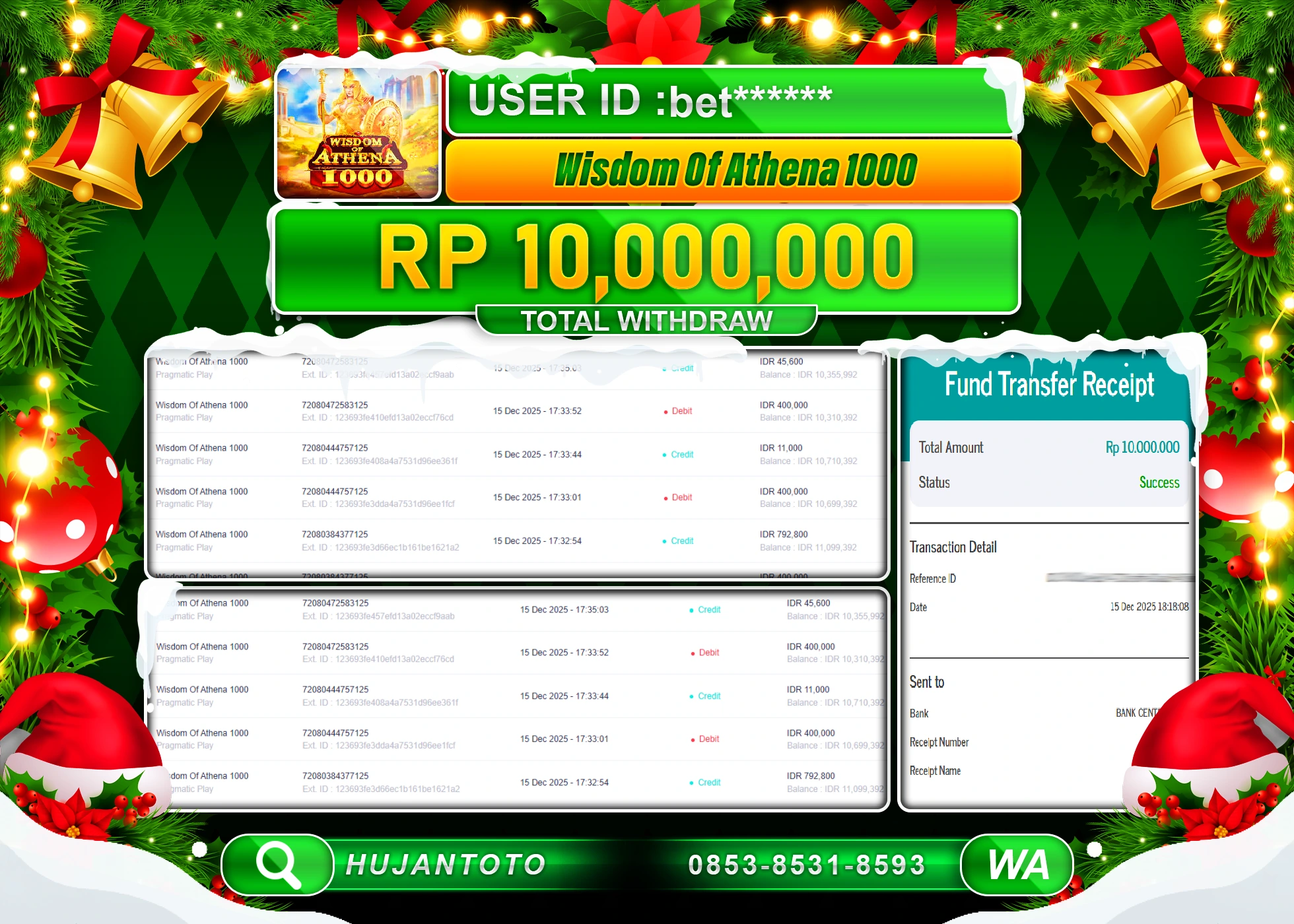 HUJANTOTO - BUKTI JACKPOT MENANG SLOT WISDOM OF ATHENA Rp.10,000,000 - TERBAYAR LUNAS