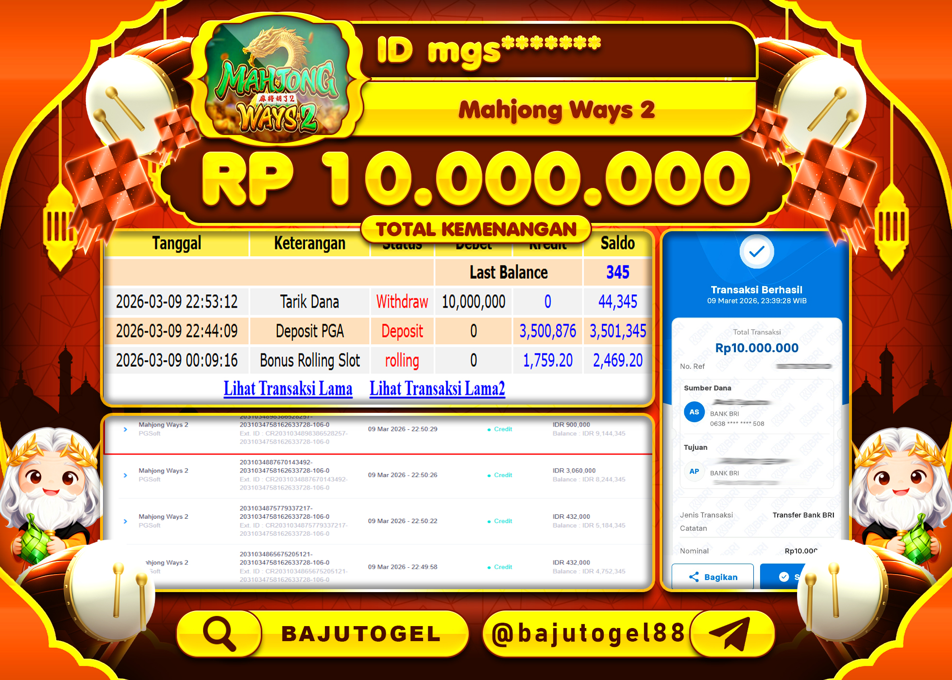 BAJUTOGEL KEMENANGAN JACKPOT DI PGSOFT MAHJONG WAYS 2 Rp.10,000,000 LUNAS