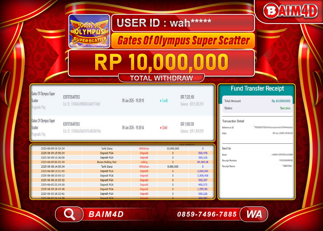 BAIM4D JACKPOT MENANG SLOT GATES OF OLYMPUS SUPER SCATTER  Rp.10,000,000.- LUNAS