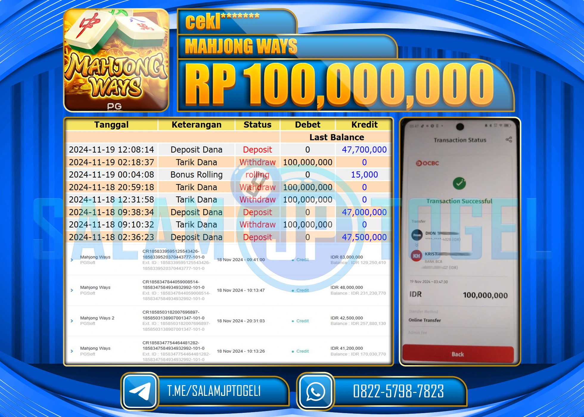 SALAMJPTOGEL MENANG SLOT MAHJONG WAYS RP. 100,000,000 LUNAS