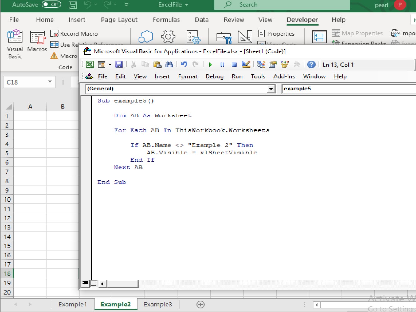 Screenshot of the code and the result on how to unhide worksheets