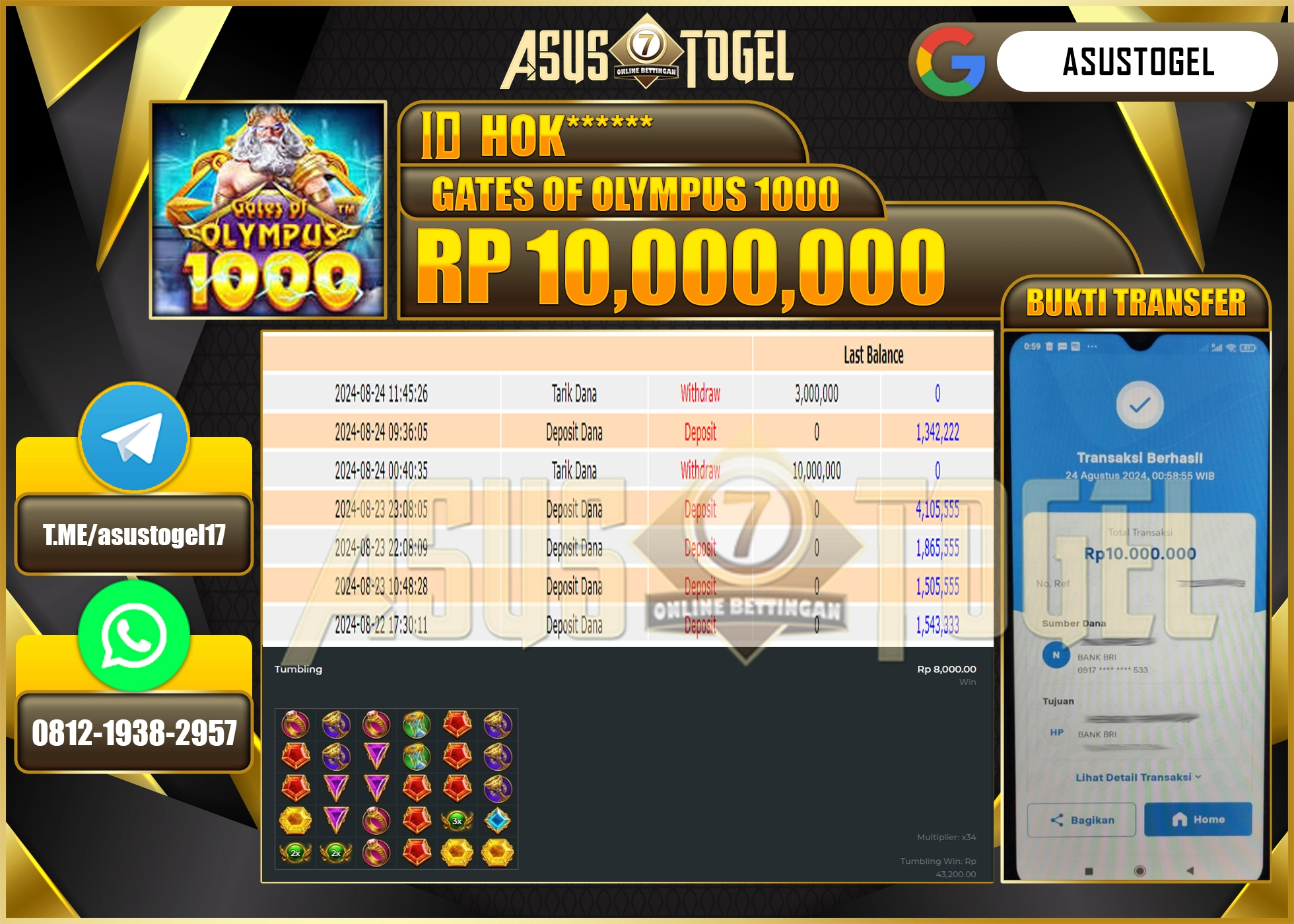 ASUSTOGEL KEMENANGAN DI GATES OF OLYMPUS 1000  SEBESAR 10,000,000- RUPIAH LUNAS