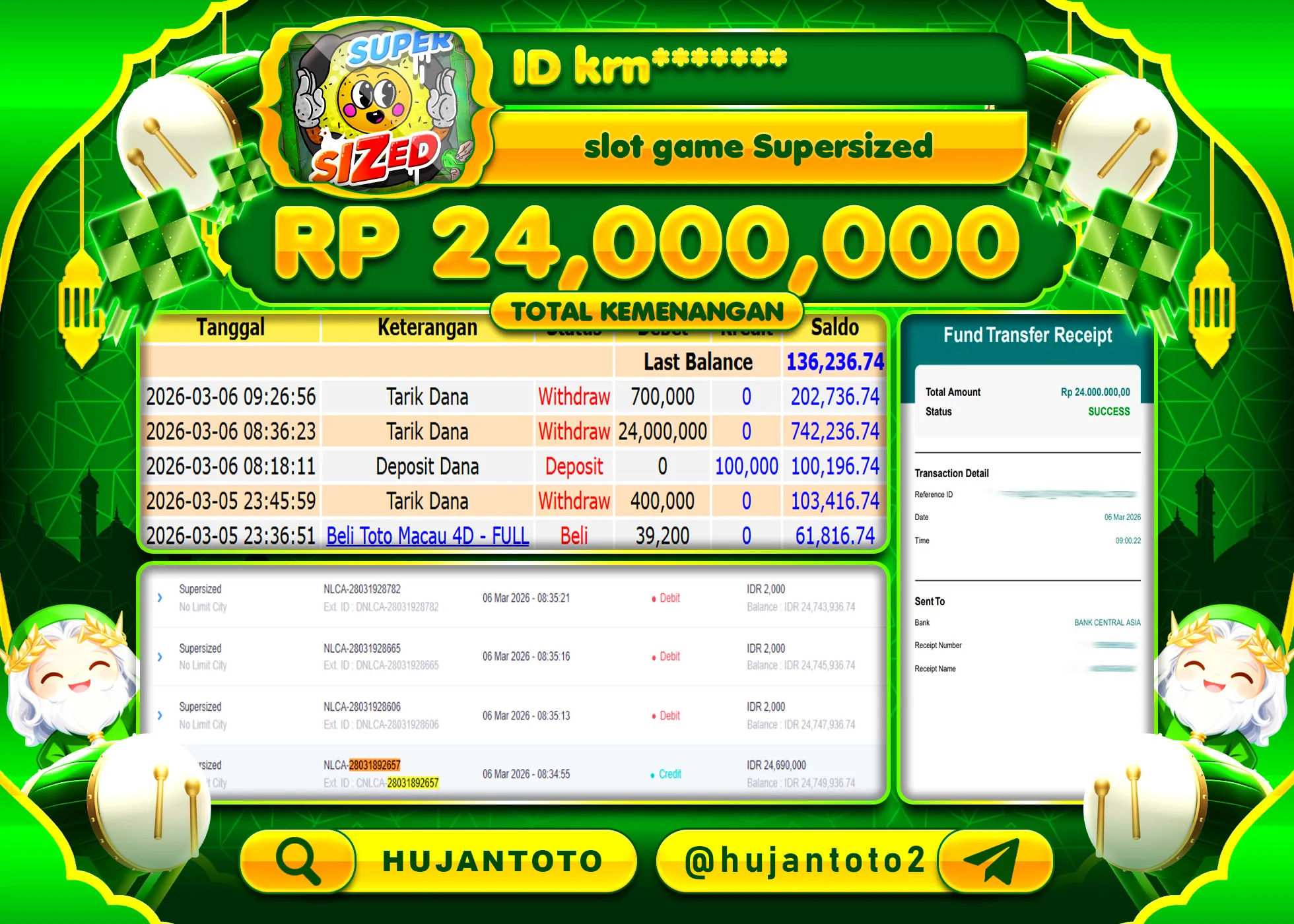 HUJANTOTO - BUKTI JACKPOT MENANG SLOT GAME SUPERSIZED Rp.24,000,000 - TERBAYAR LUNAS