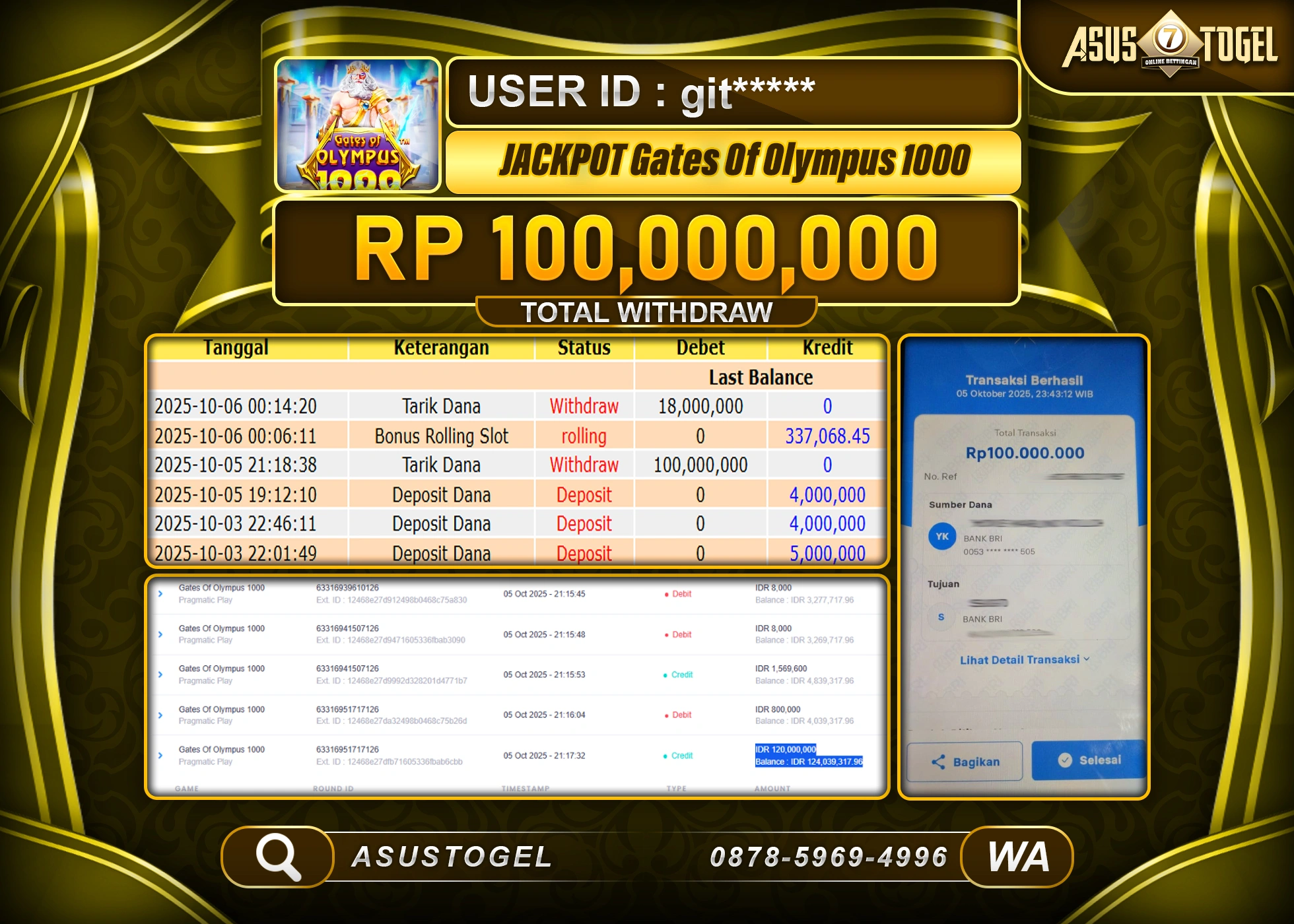 ASUSTOGEL KEMENANGAN DI SLOT GATE OF OLYMPUS 1000 SEBESAR 100,000,000- RUPIAH LUNAS