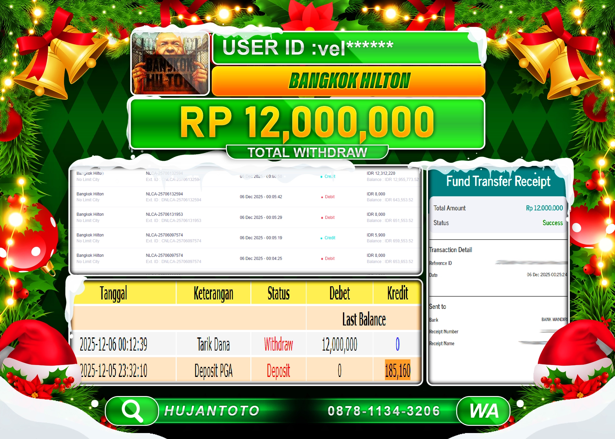 HUJANTOTO - BUKTI JACKPOT MENANG SLOT BANGKOK HILTON Rp.12,000,000 - TERBAYAR LUNAS
