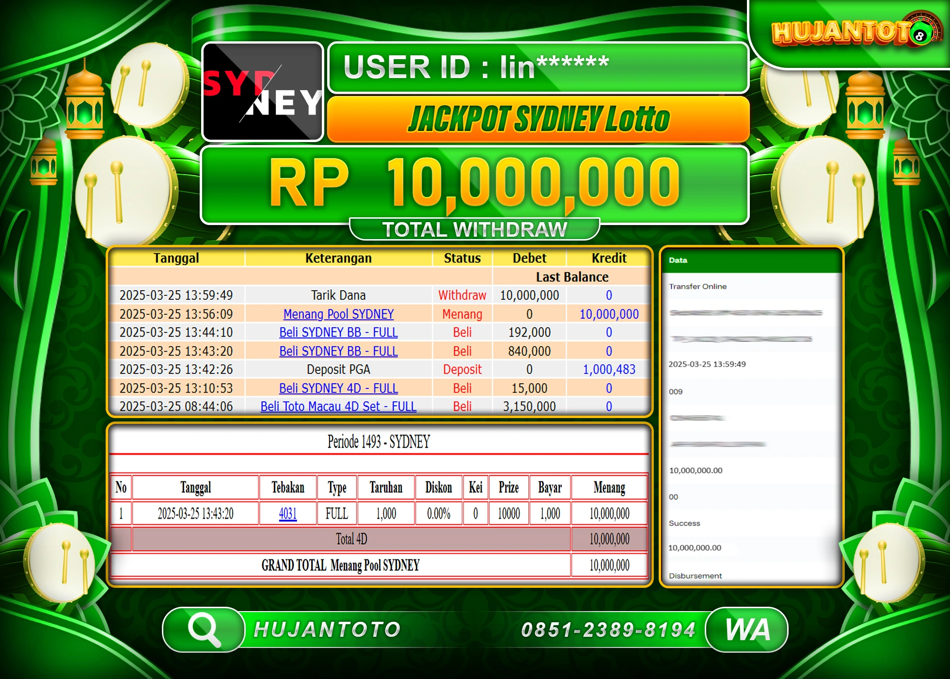HUJANTOTO - BUKTI JACKPOT MENANG TOGEL SYDNEY LOTTO Rp,10,000,000- TERBAYAR LUNAS