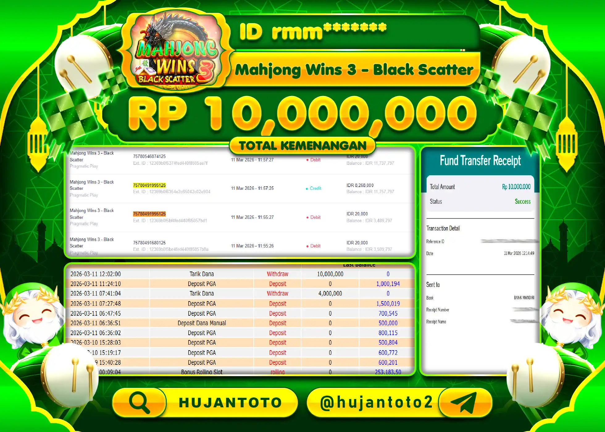HUJANTOTO - BUKTI JACKPOT MENANG SLOT MAHJONG WINS 3 Rp.10,000,000 - TERBAYAR LUNAS