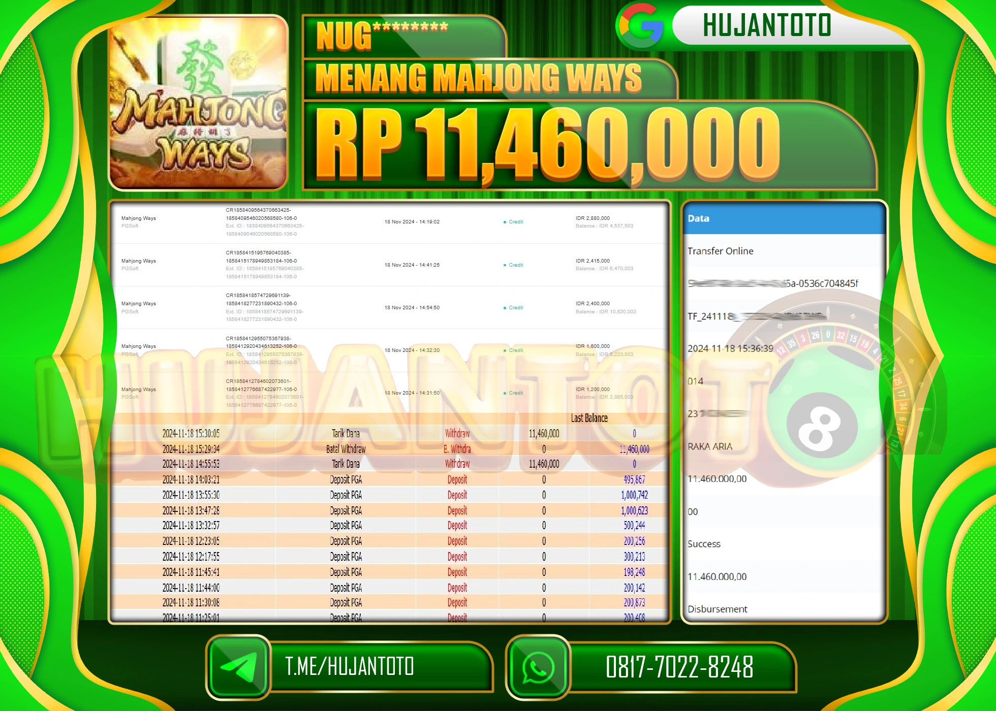 HUJANTOTO MENANG DI RAIH DI  TOGEL TOTO MACAU 4 D SEBESAR - 11,460,000 - LUNAS