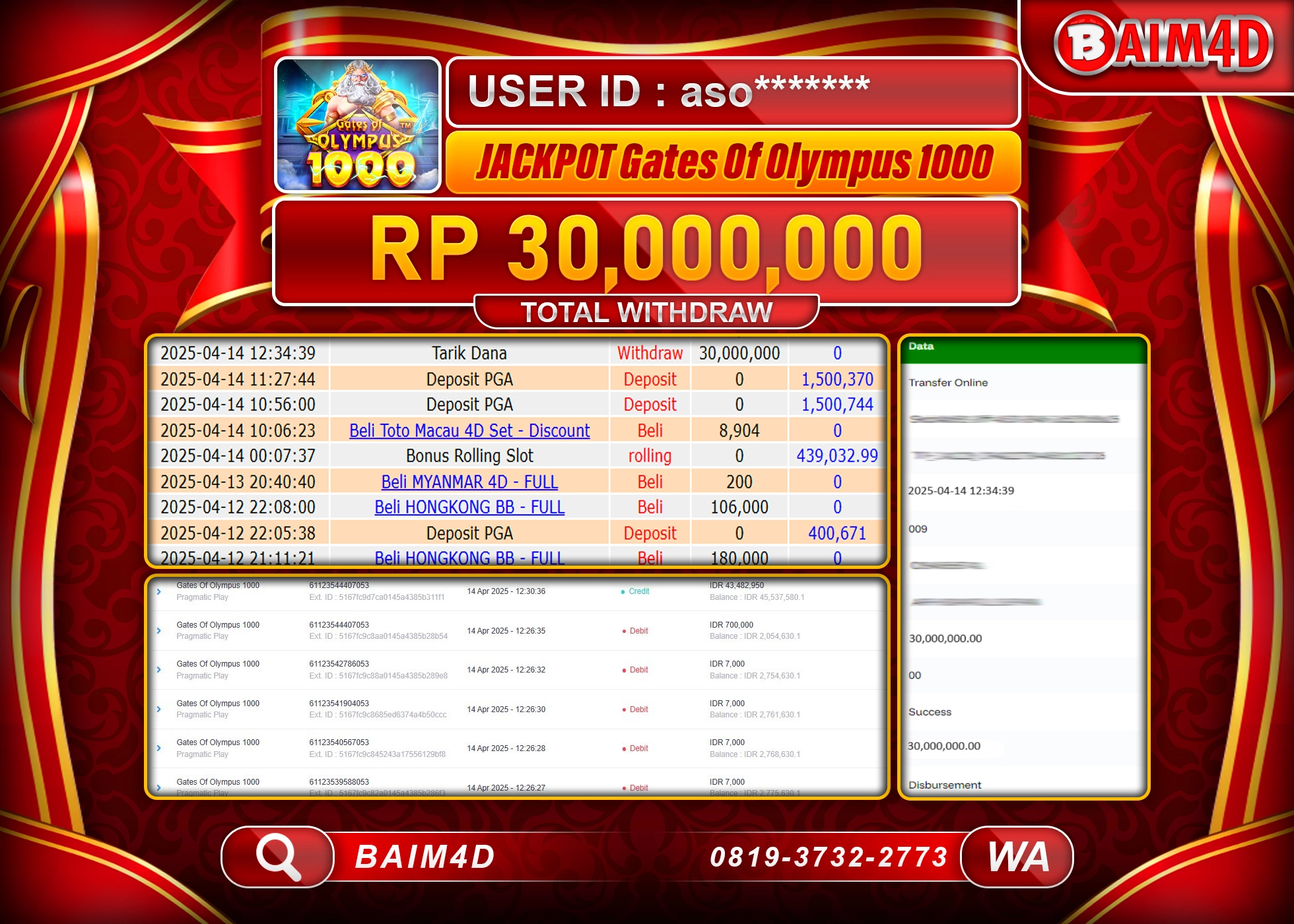 BAIM4D JACKPOT GATES  OF OLYMPUS 1000 Rp.30.000,000.- LUNAS