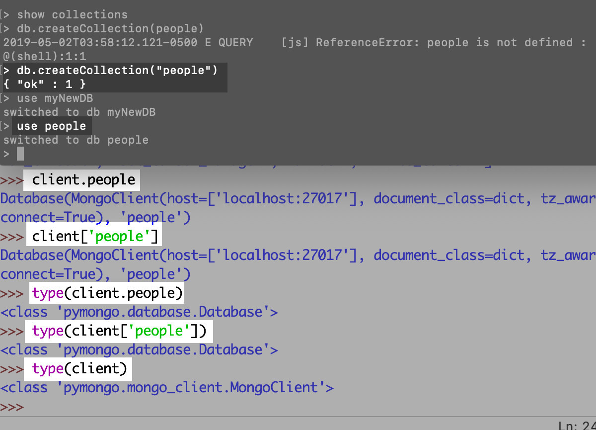 Screenshot of the MongoDB shell and the `pymongo` module in Python's IDLE