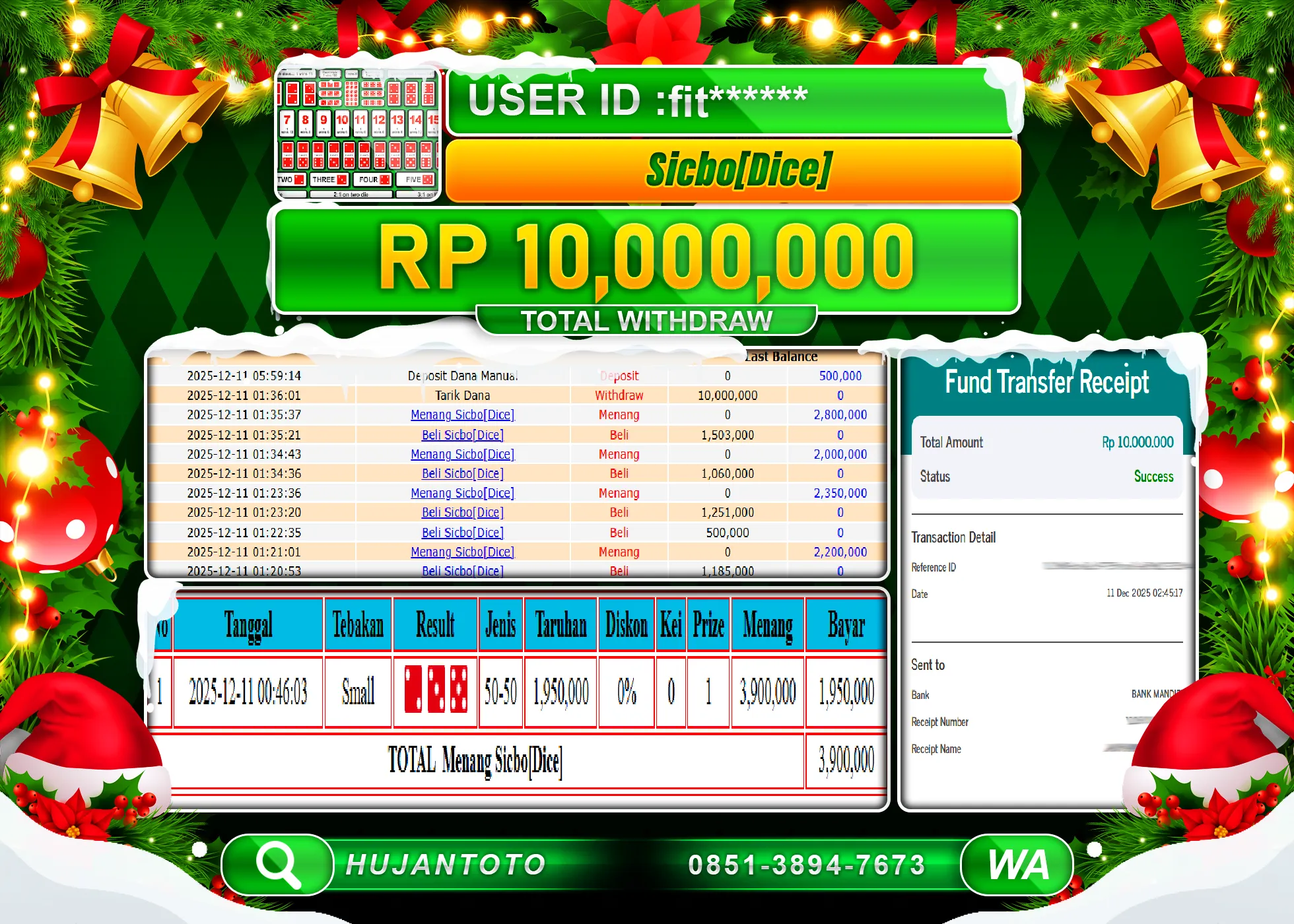 HUJANTOTO - BUKTI JACKPOT MENANG LIVEGAMES SICBO DICE Rp.10,000,000 - TERBAYAR LUNAS