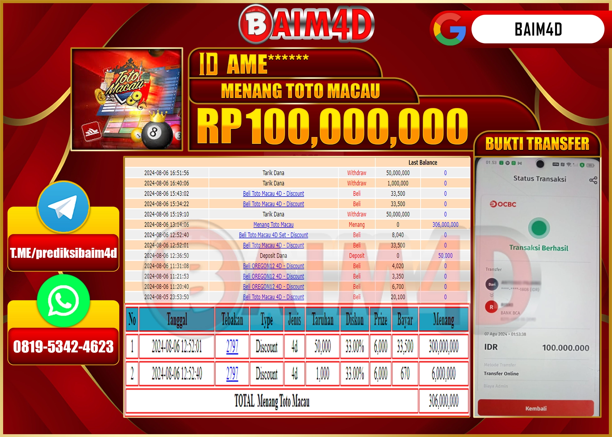 BAIM4D JACKPOT TOTO MACAU Rp.100.000,000.- LUNAS