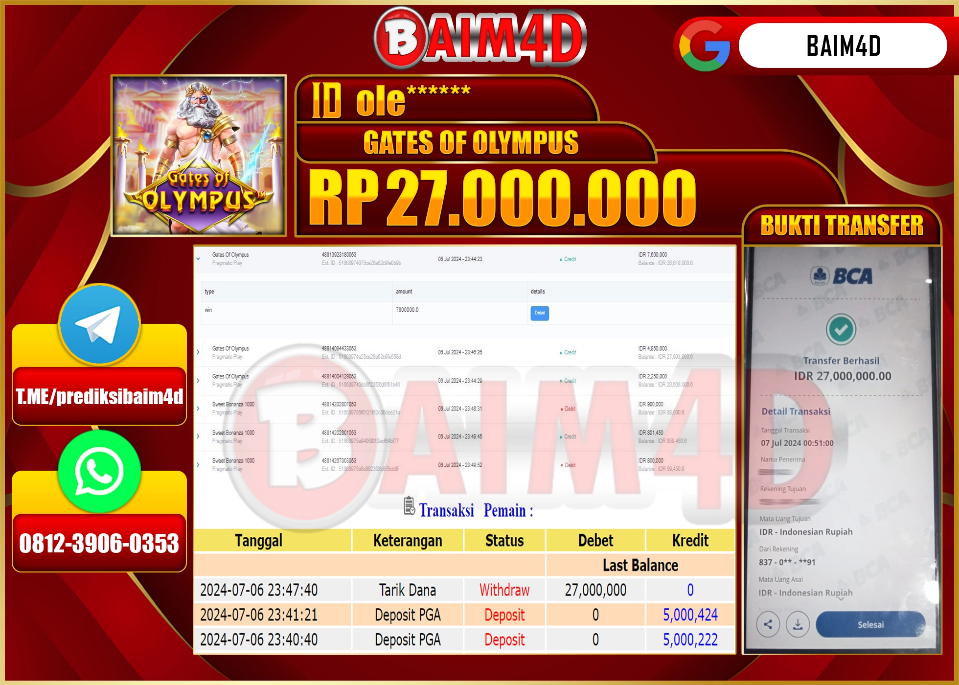 BAIM4D JACKPOT GATES OF OLYMPUS  Rp.27.000,000.- LUNAS