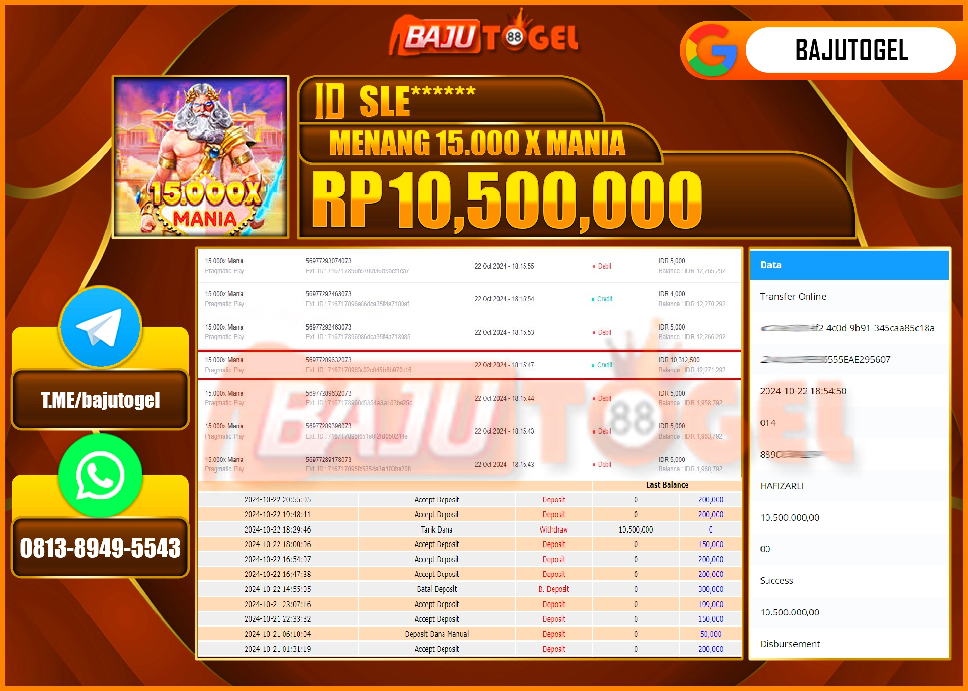 BAJUTOGEL JACKPOT 15.000 X MANIA 1000 Rp.10.500.000 LUNAS