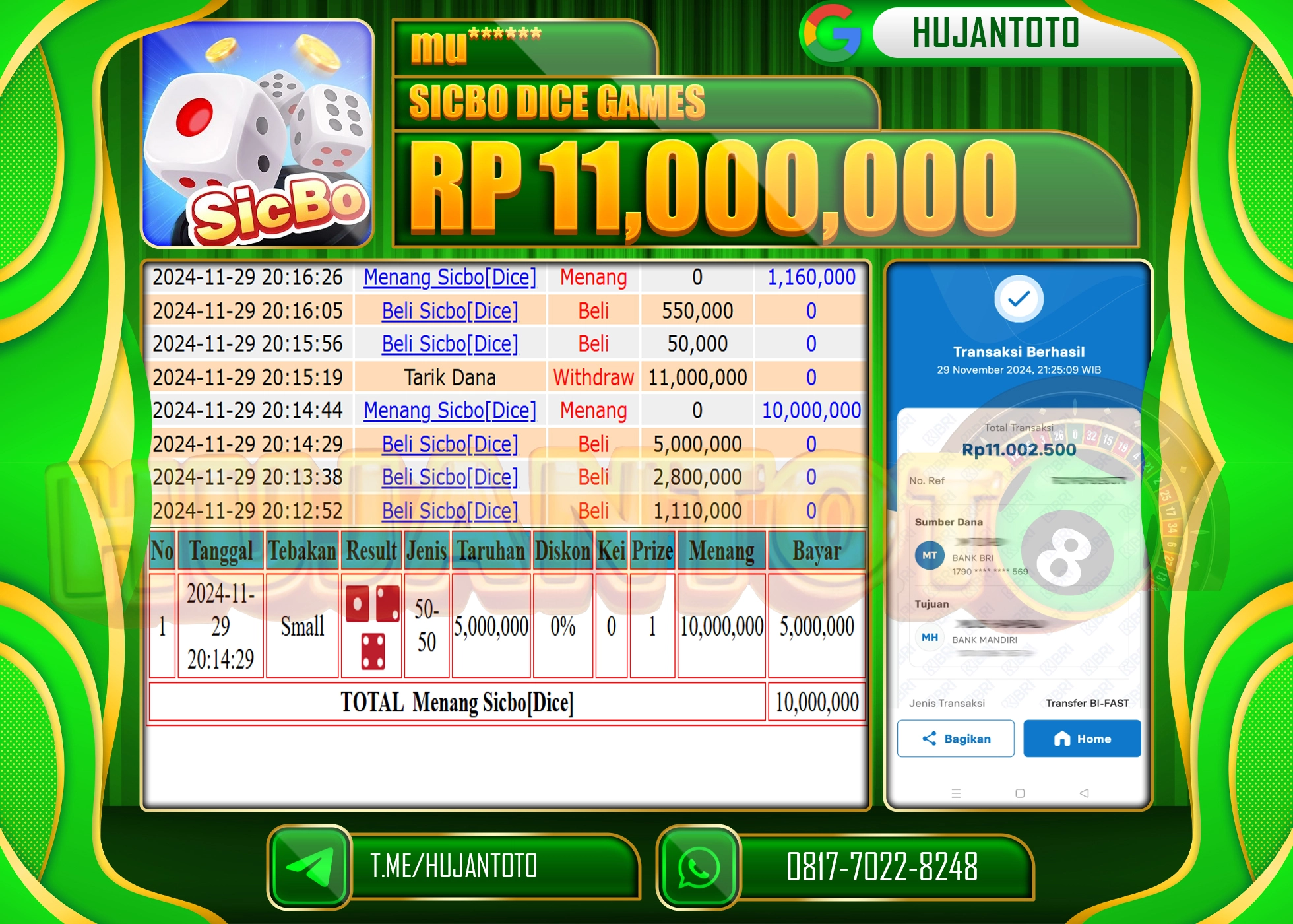 HUJANTOTO KEMENANGAN JACKPOT  BESAR DI RAIH DI LIVEGAME SICBO DICE GAMES -SEBESAR 11,000,000 - LUNAS