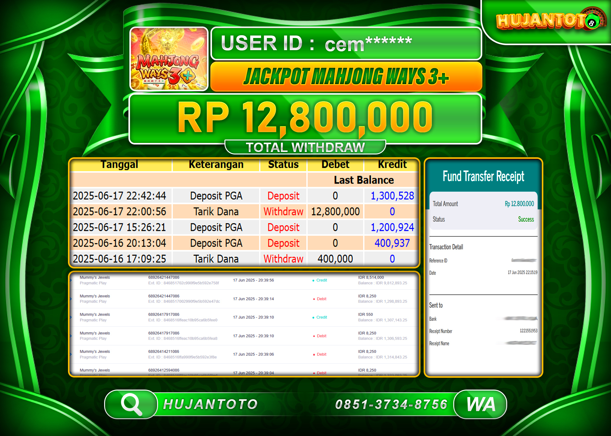 HUJANTOTO - BUKTI JACKPOT MENANG SLOT MAHJING WAYS 3+  Rp.12,800,000 - TERBAYAR LUNAS