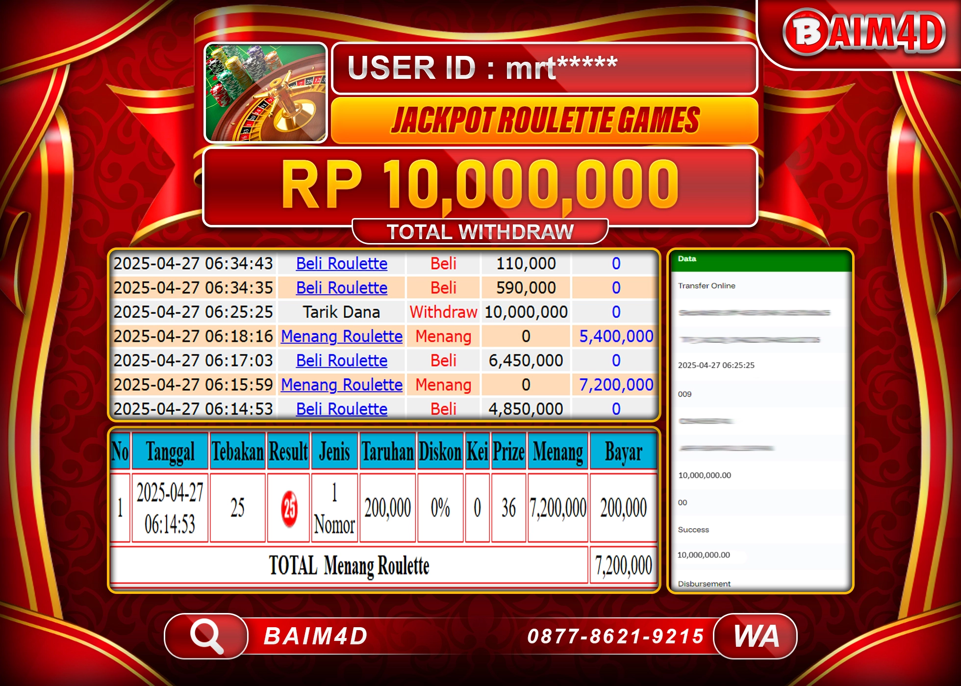 BAIM4D JACKPOT DI GAME ROULETTE LIVE GAMES Rp.10.000,000.- LUNAS