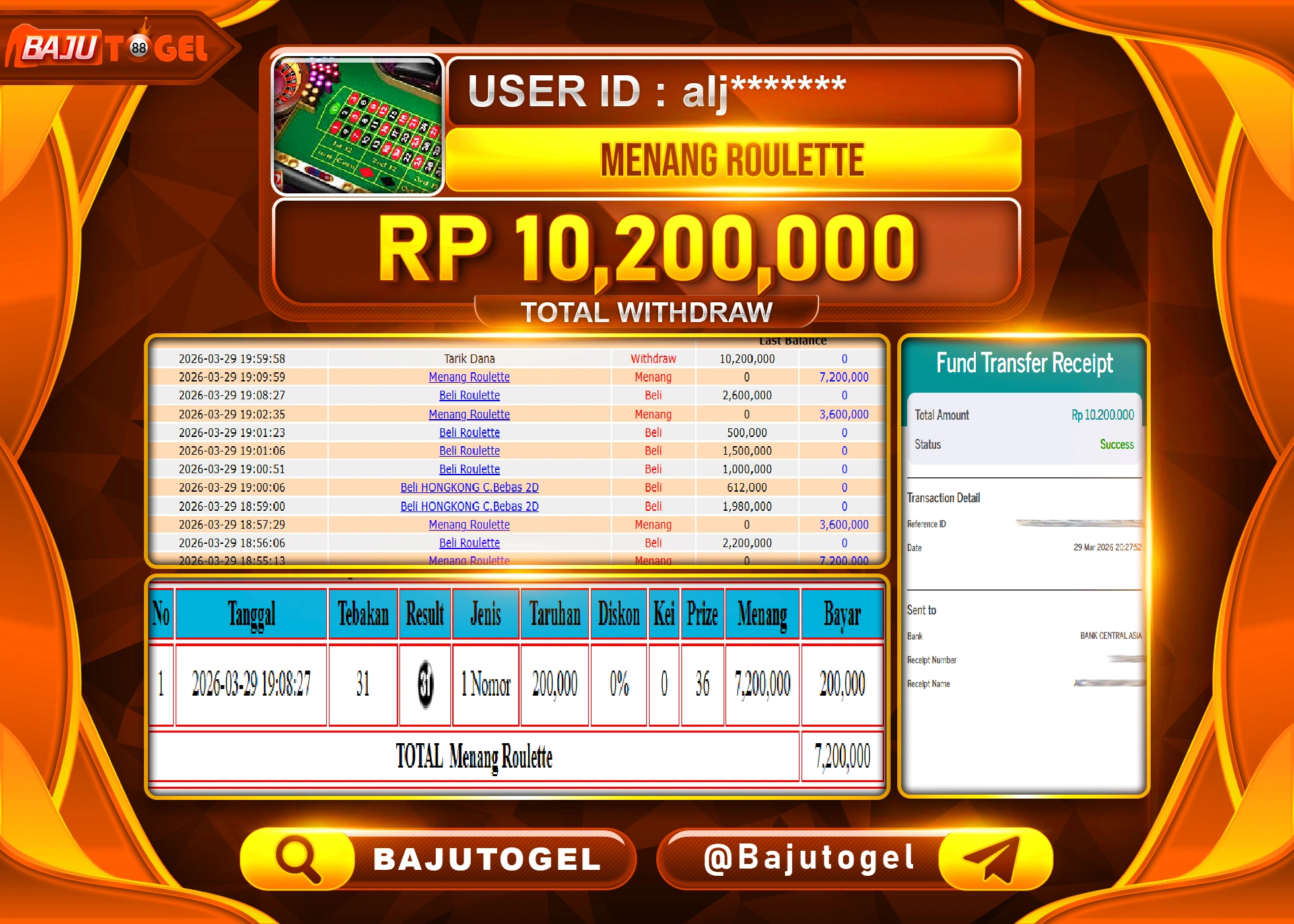 BAJUTOGEL KEMENANGAN DI LIVE GAME  ROULLETE  Rp.10,200,000 LUNAS