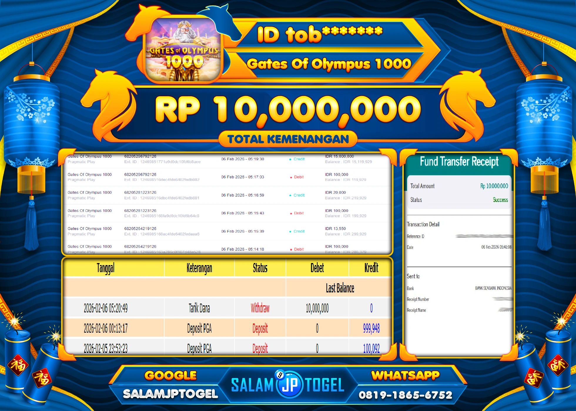 SALAMJPTOGEL JACKPOT GATES OF OLYMPUS 1000 Rp.10,000,000 - LUNAS