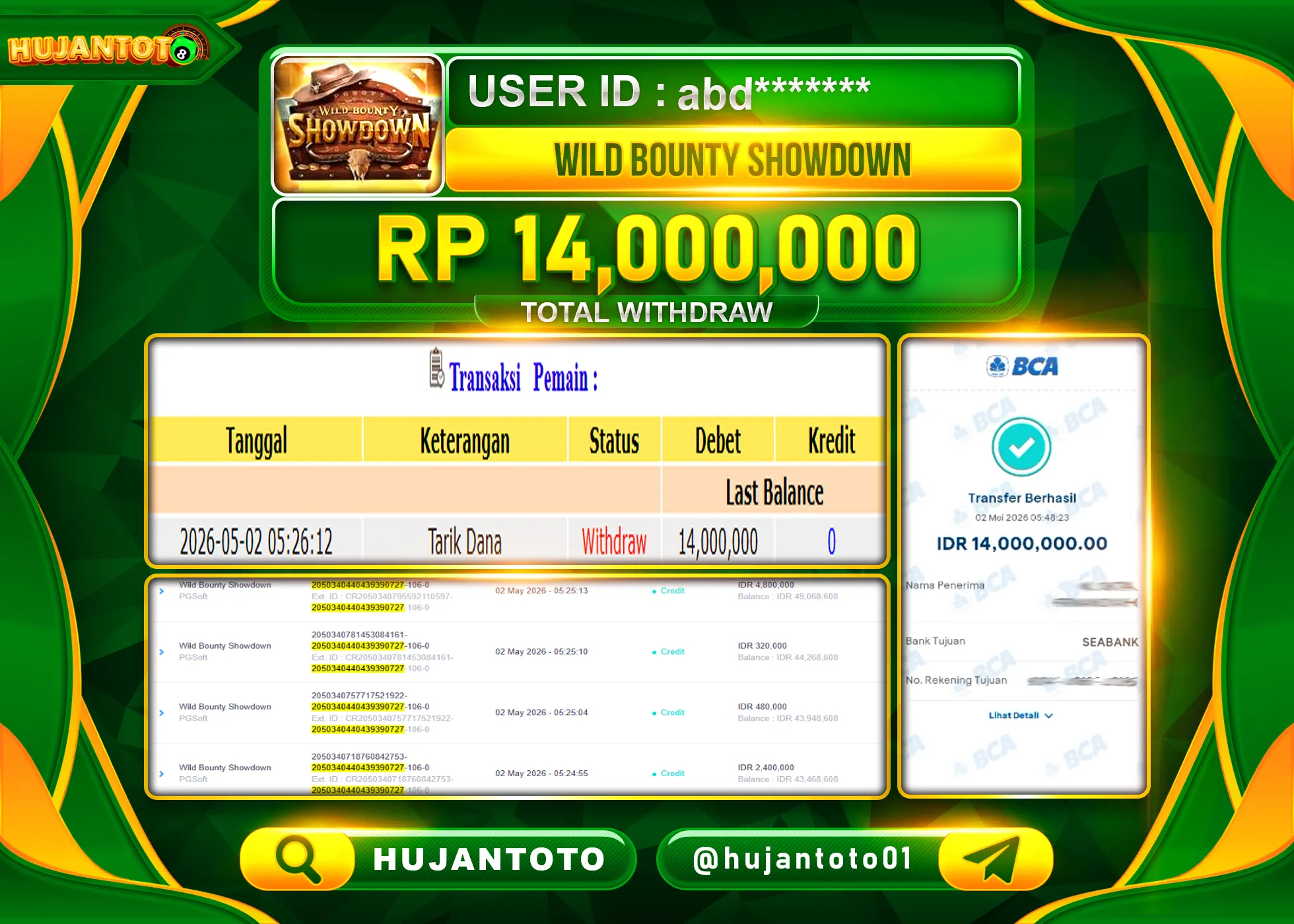 HUJANTOTO - BUKTI JACKPOT MENANG SLOT WILD BOUNTY SHOWDOWN Rp.14,000,000 - TERBAYAR LUNAS