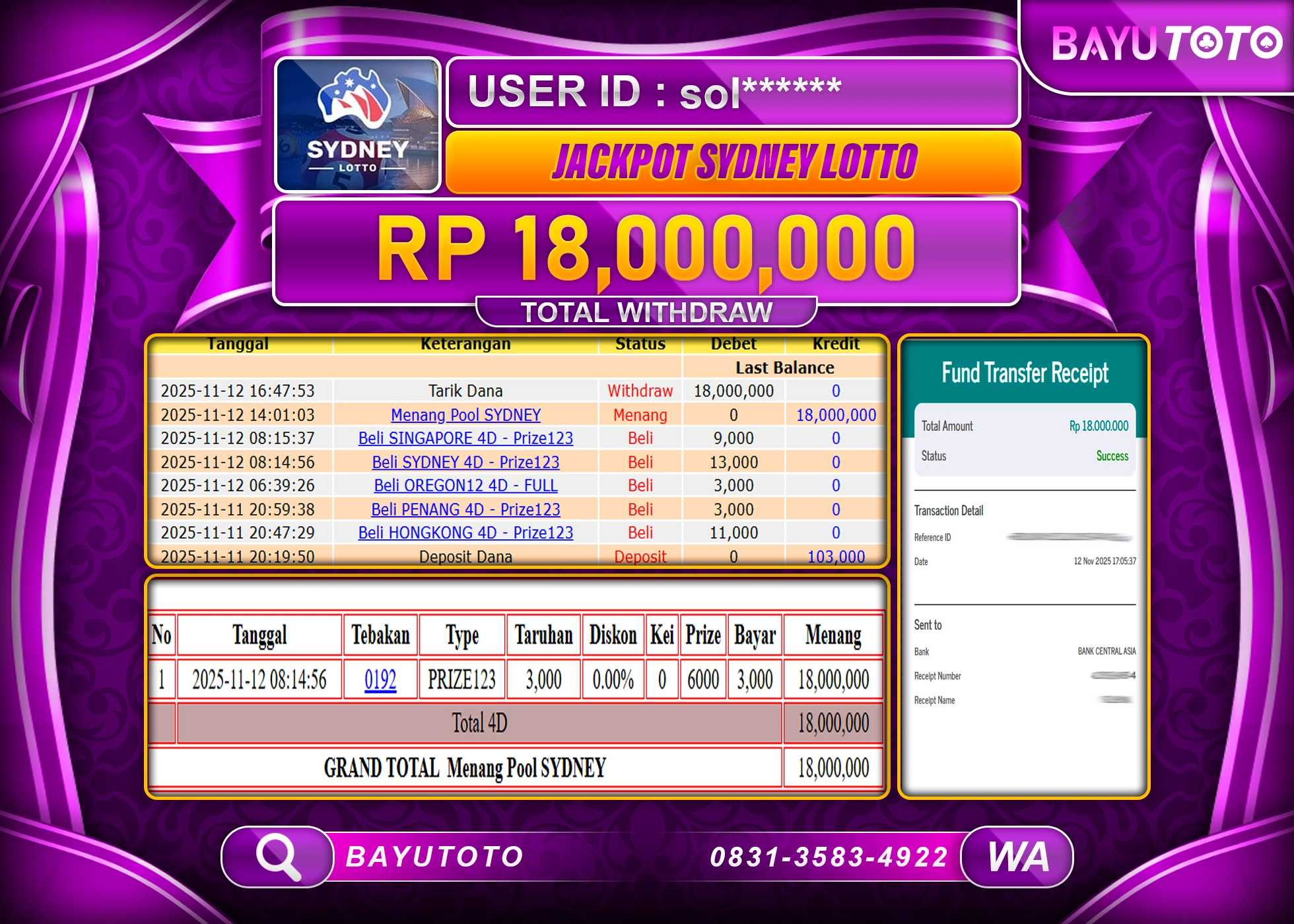 MEMBER BAYUTOTO JACKPOT DI TOGEL PASARAN SYDNEY LOTTO  Rp. 18,000,000 LUNAS