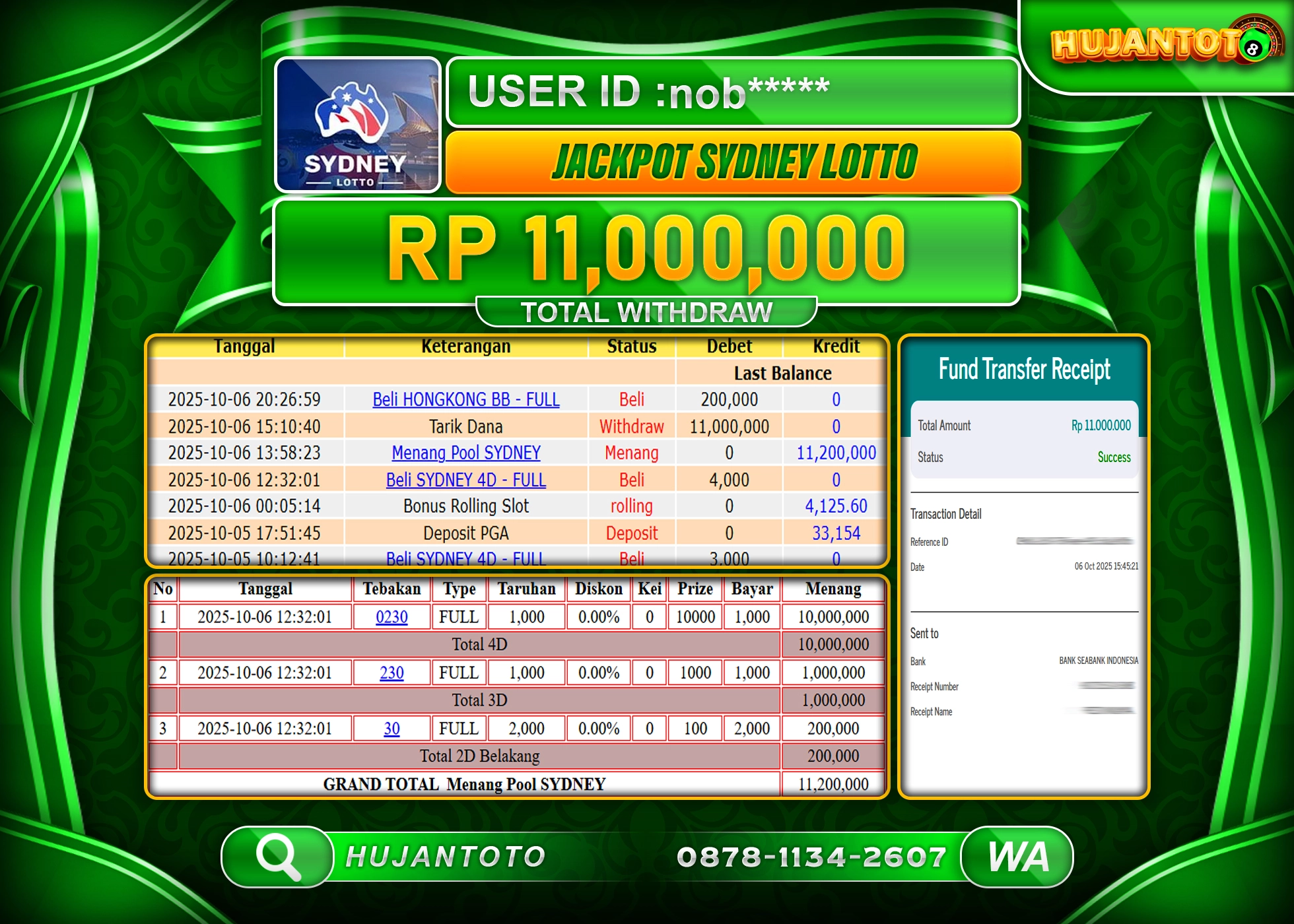 HUJANTOTO - BUKTI JACKPOT KEMENANGAN TOGEL SYDNEY LOTTO Rp.11,000,000 - TERBAYAR LUNAS