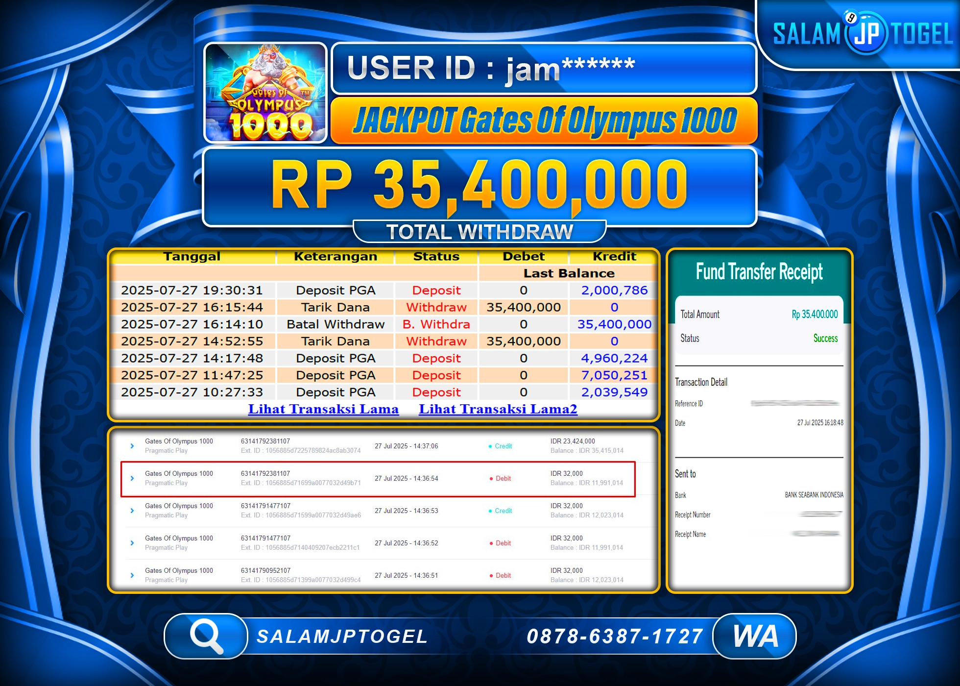 SALAMJPTOGEL MENANG JACKPOT Gates Of Olympus 1000  Rp.35,400,000