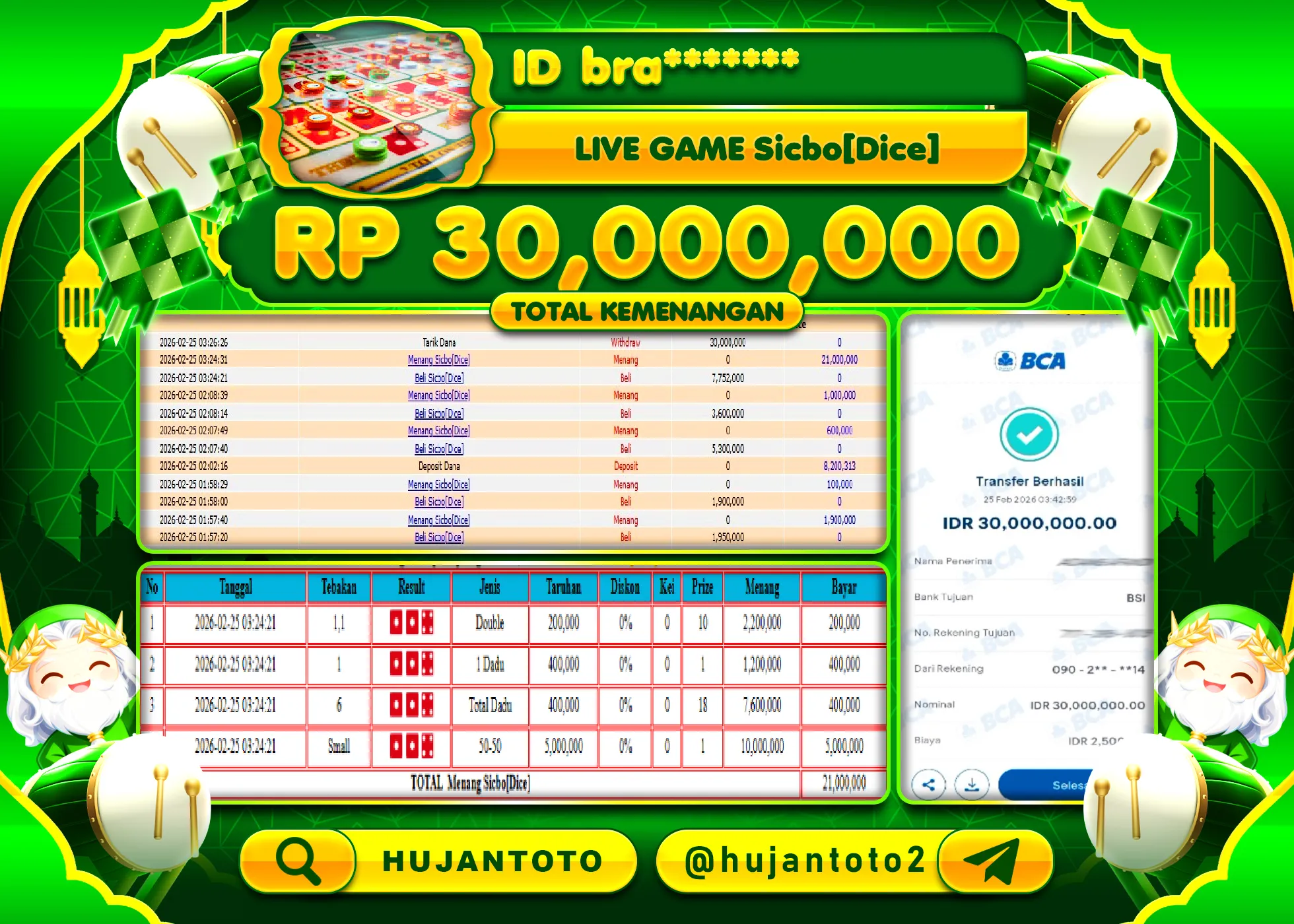 HUJANTOTO - BUKTI JACKPOT MENANG LIVEGAME SICBO DICE Rp.30,000,000 - TERBAYAR LUNAS