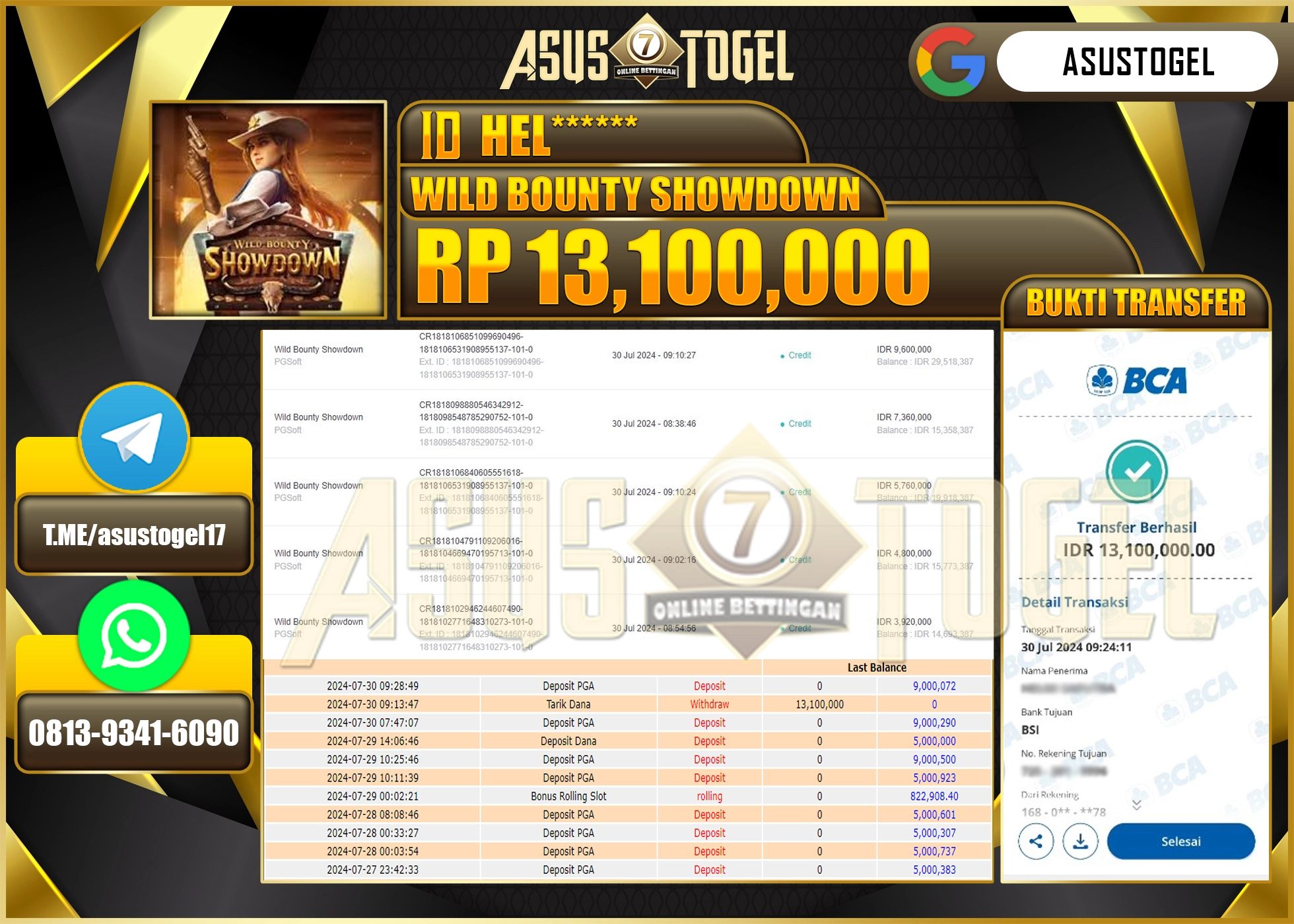 ASUSTOGEL KEMENANGAN DI WILD BOUNTY SHOWDOWN SEBESAR 13,100,000- RUPIAH LUNAS