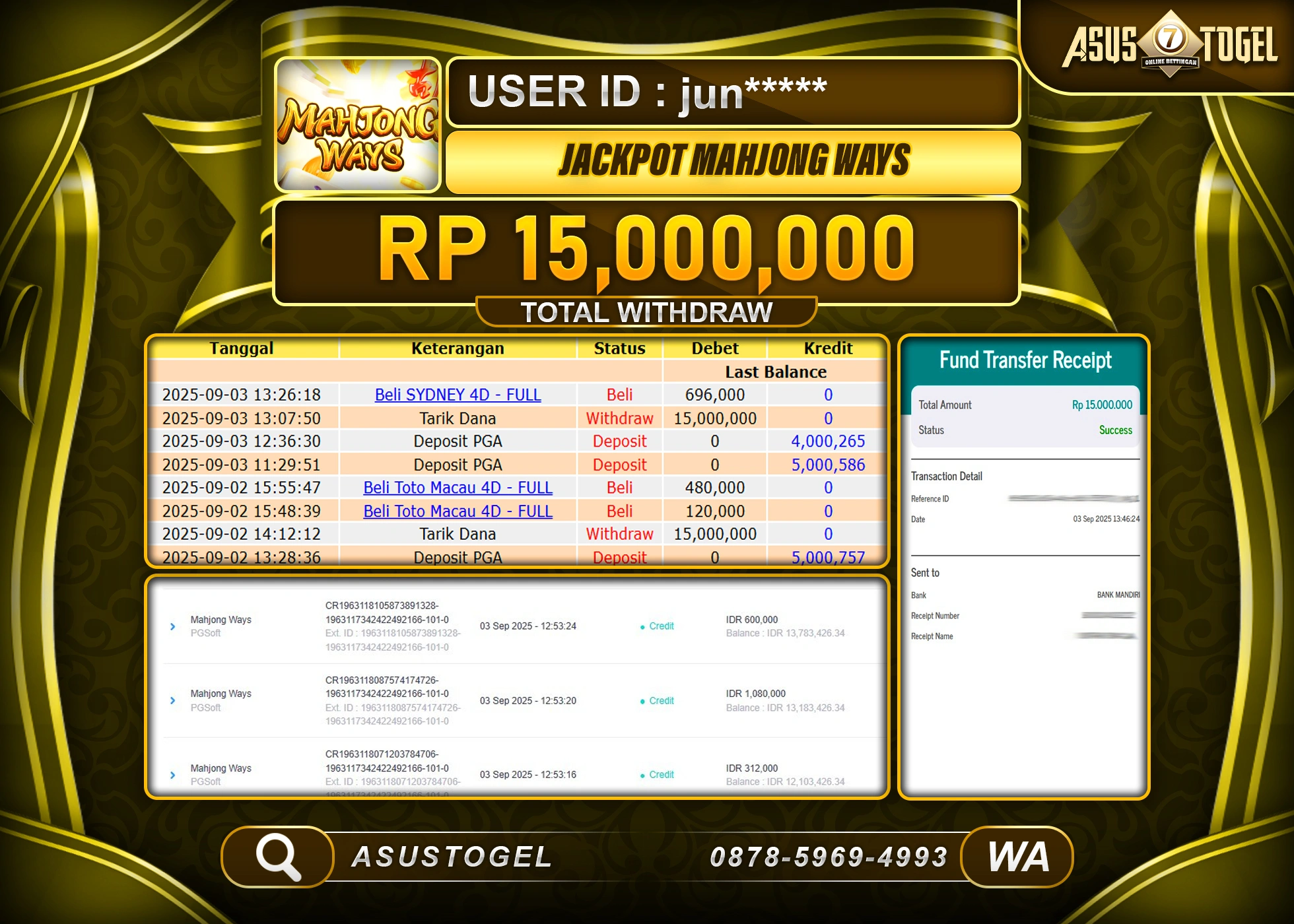 ASUSTOGEL KEMENANGAN DI SLOT MAHJONG WAYS SEBESAR 15,000,000- RUPIAH LUNAS