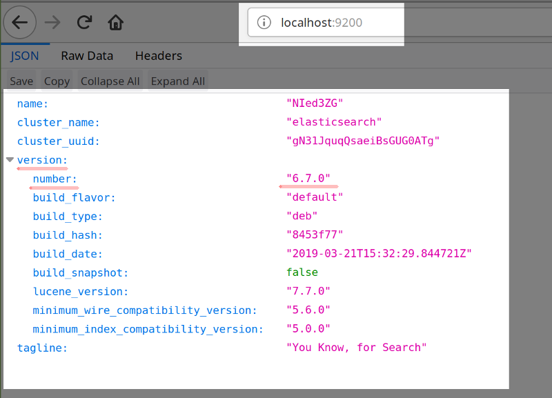 Screenshot of an Elasticsearch JSON response after navigating to port 9200 on a localhost server