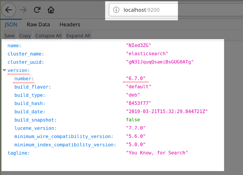 Elasticsearch webpage response on port 9200 with JSON