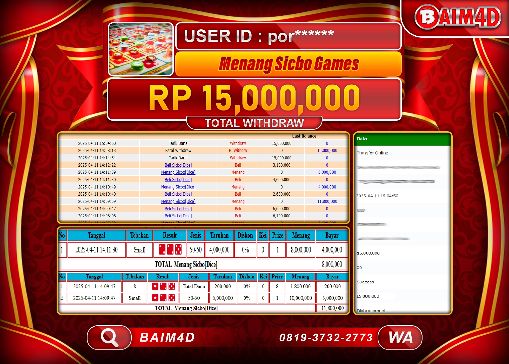 BAIM4D  MENANG JACKPOT  SICBO LIVE Games Rp.15.000,000.- LUNAS