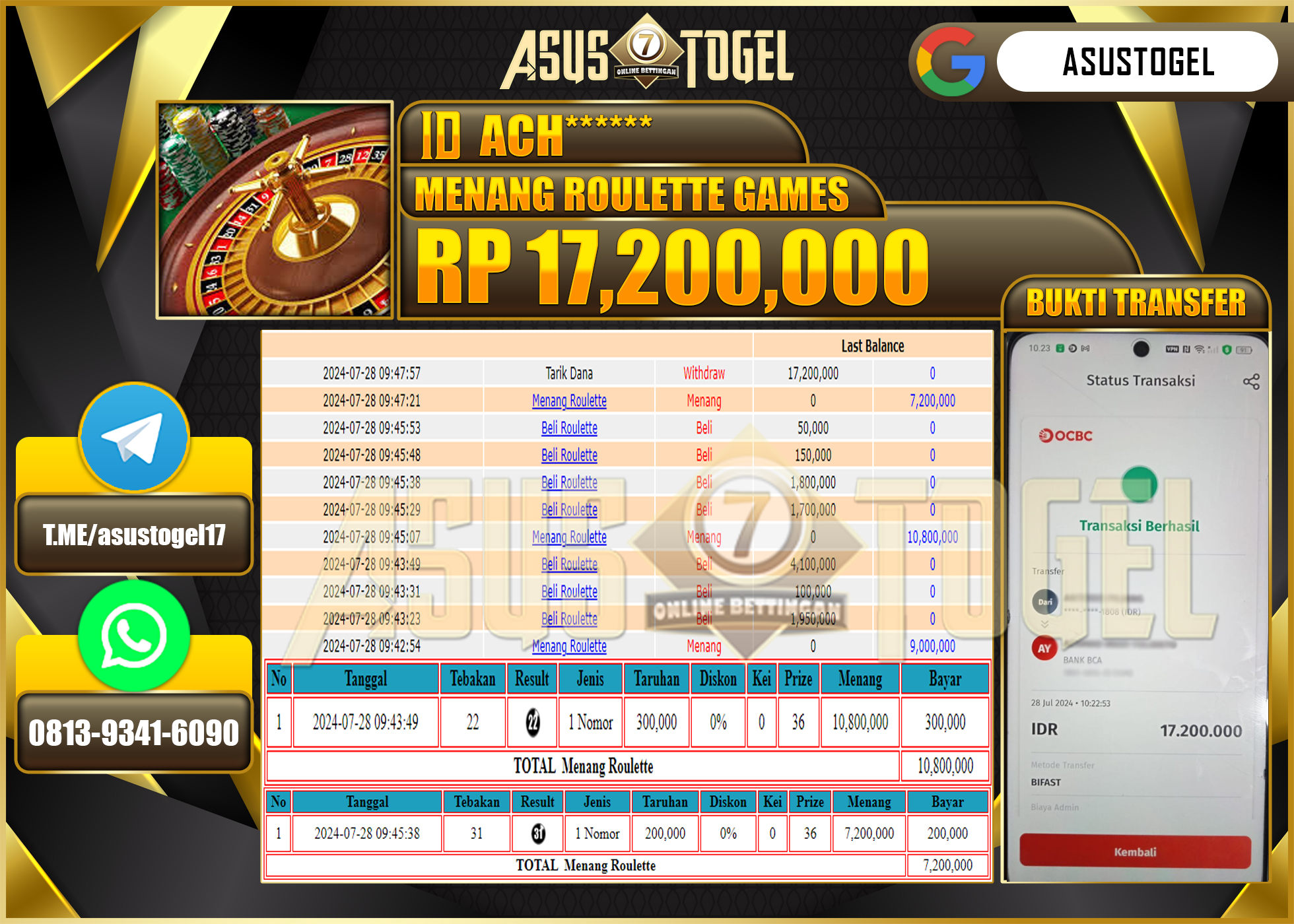 ASUSTOGEL KEMENANGAN DI LIVE GAMES ROULETTE SEBESAR 17,200,000- RUPIAH LUNAS