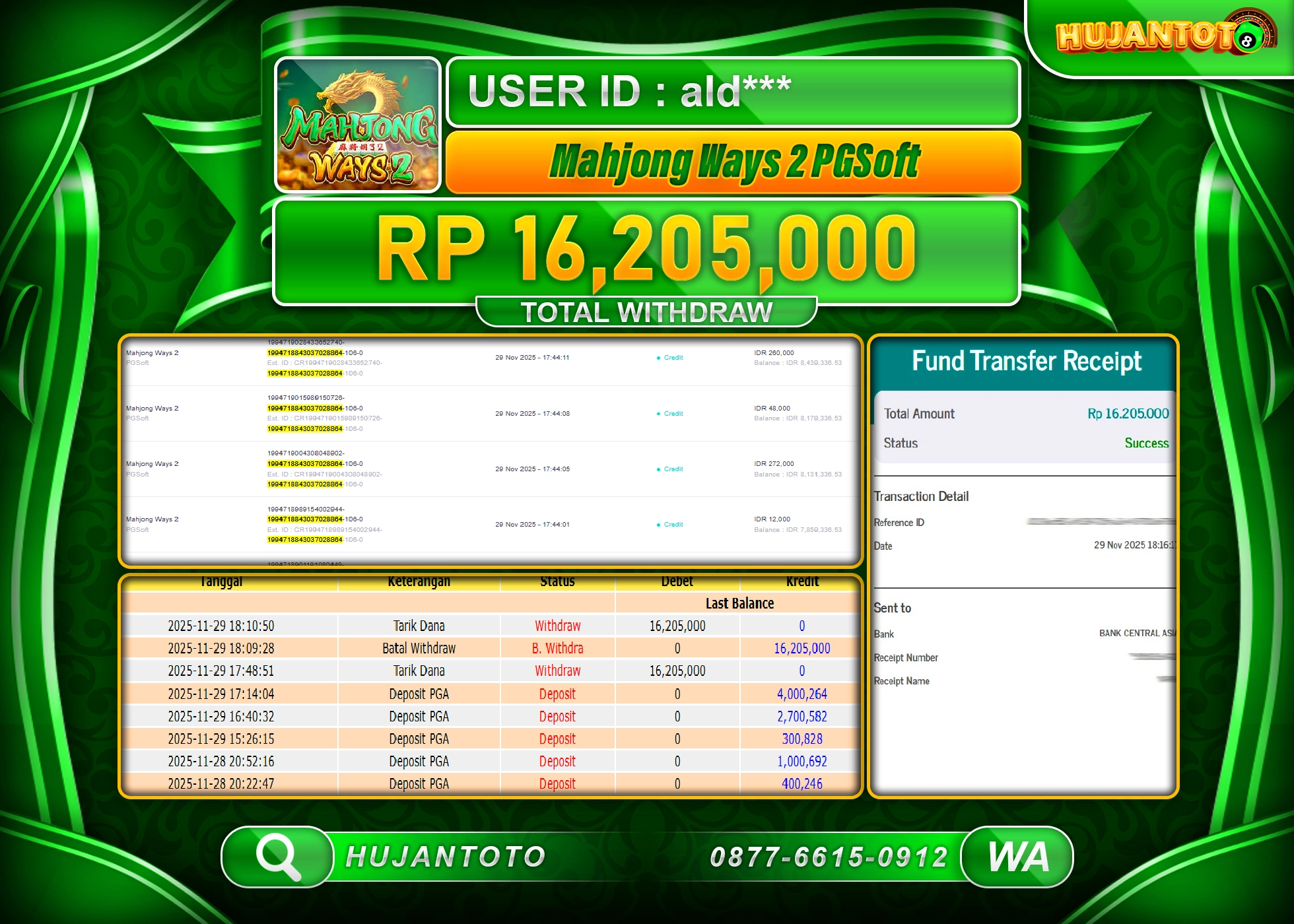 HUJANTOTO - BUKTI JACKPOT MENANG MAHJONG WAYS 2 PGSOFT Rp.16,205,000  - TERBAYAR LUNAS