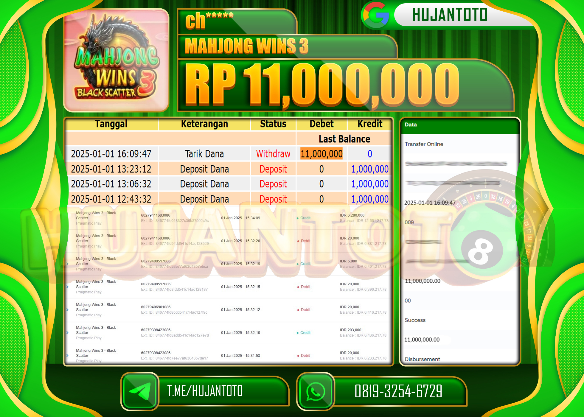 HUJANTOTO - BUKTI JACKPOT PERMAINAN SLOT MAHJONG WINS 3 Rp.11,000,000,- TERBAYAR LUNAS