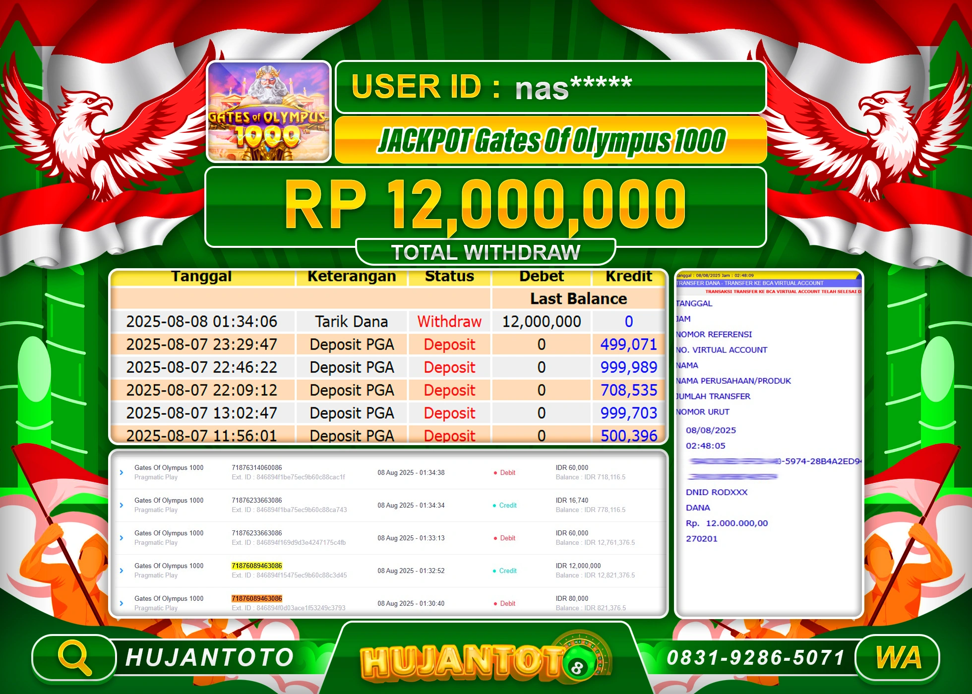 HUJANTOTO - BUKTI JACKPOT MENANG SLOT GATES OF OLYMPUS 1000 Rp.12,000,000 - TERBAYAR LUNAS