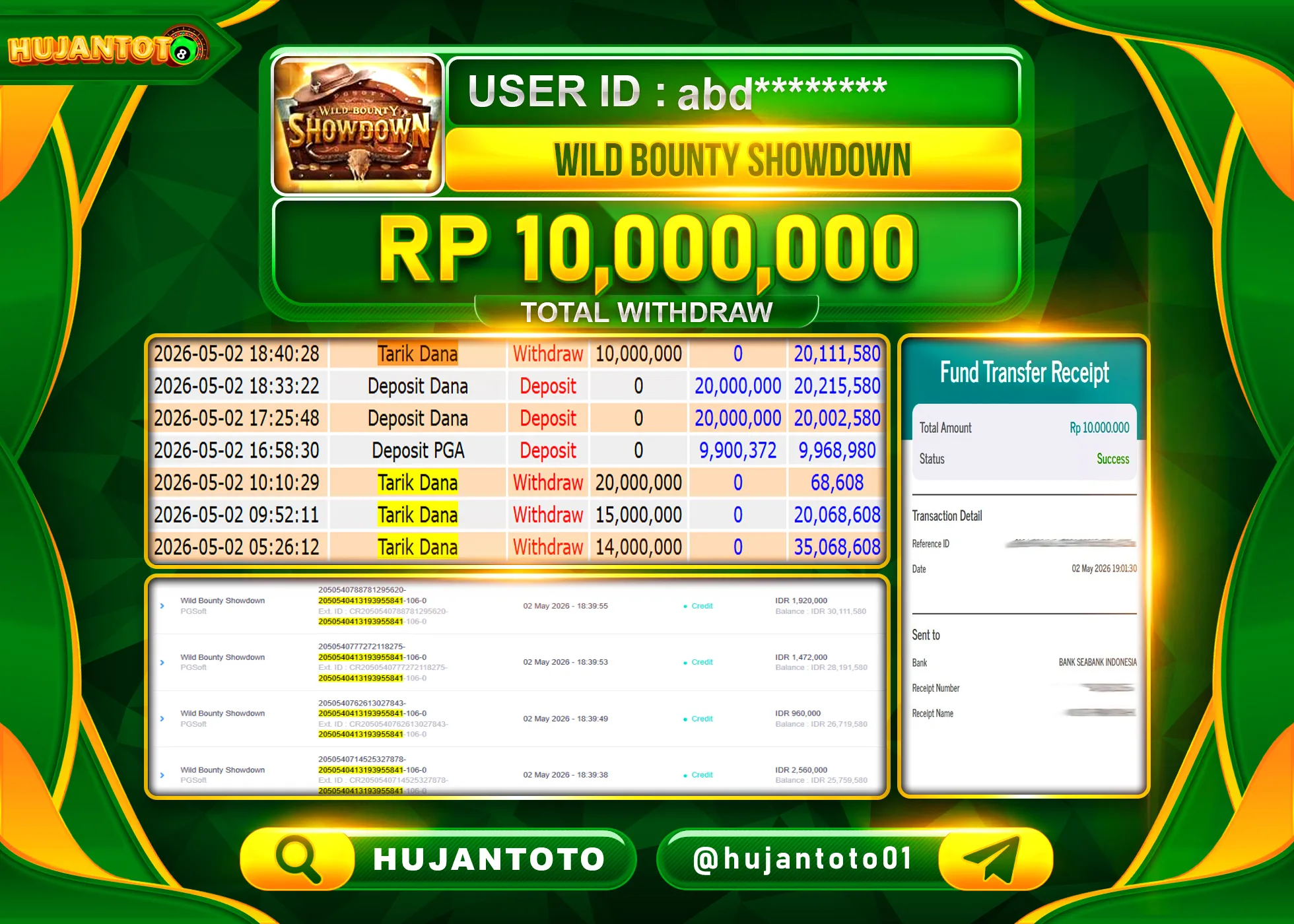 HUJANTOTO - BUKTI JACKPOT MENANG SLOT WILD BOUNTY SHOWDOWN  Rp.10,000,000 - TERBAYAR LUNAS