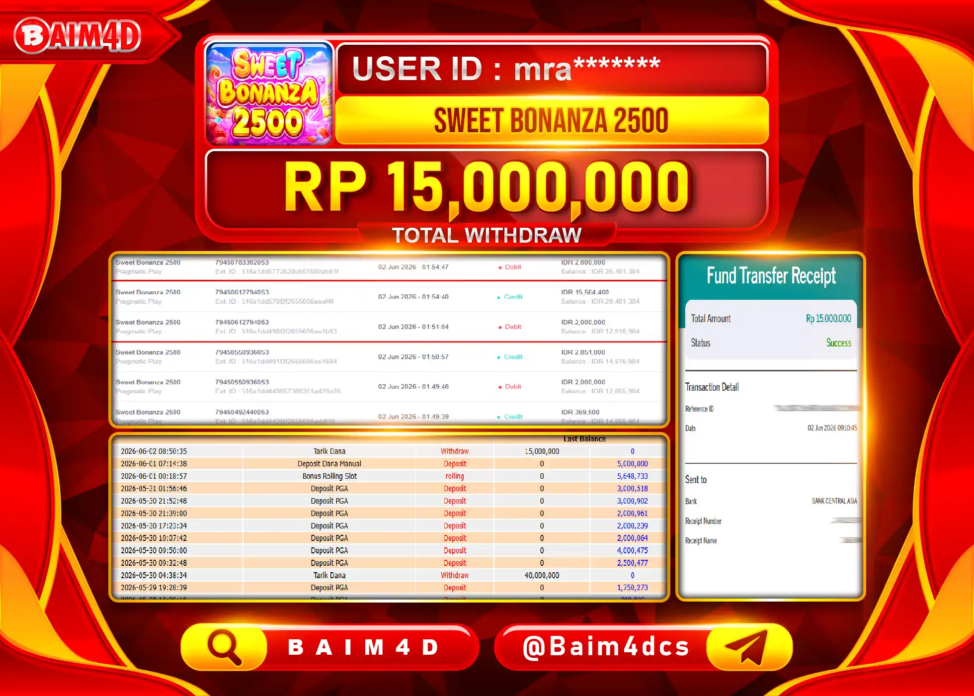 BAIM4D JACKPOT SLOT SWEET BONANZA 2500 Rp.15,000,000 - LUNAS