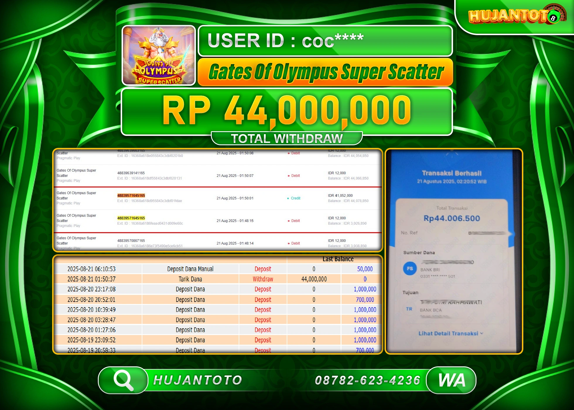 HUJANTOTO - BUKTI JACKPOT MENANG  SLOT GATES OF OLYMPUS SUPER SCATTER Rp.44,000,000 - TERBAYAR LUNAS