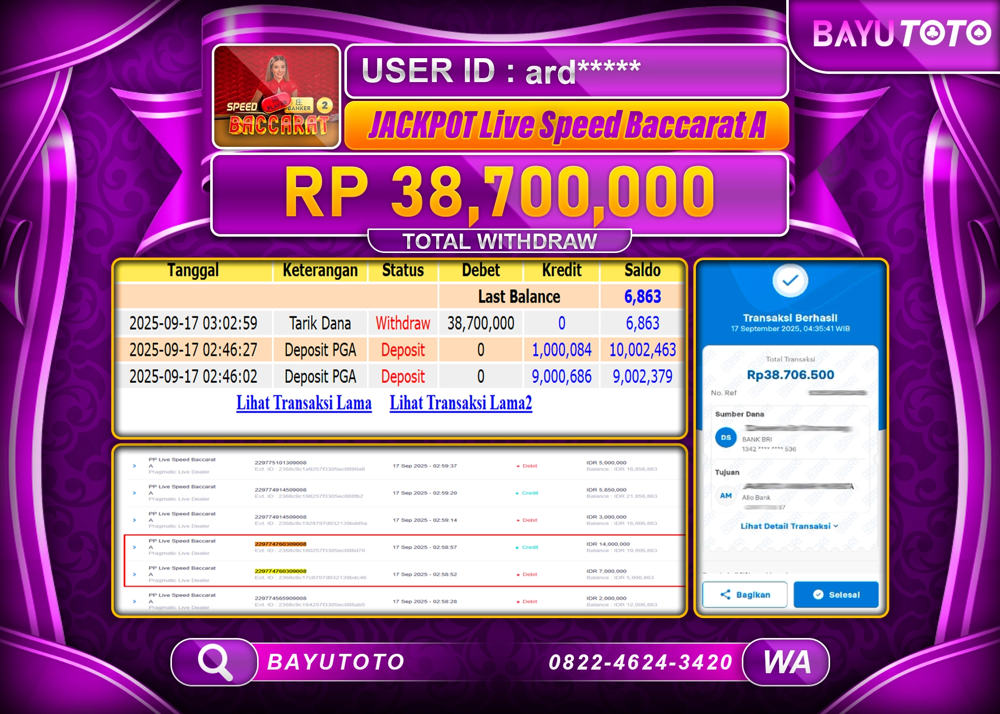 BAYUTOTO JACKPOT DI GAME  LIVEGAMES PP LIVE SPEED BACCARAT A Rp.38,700,000 LUNAS