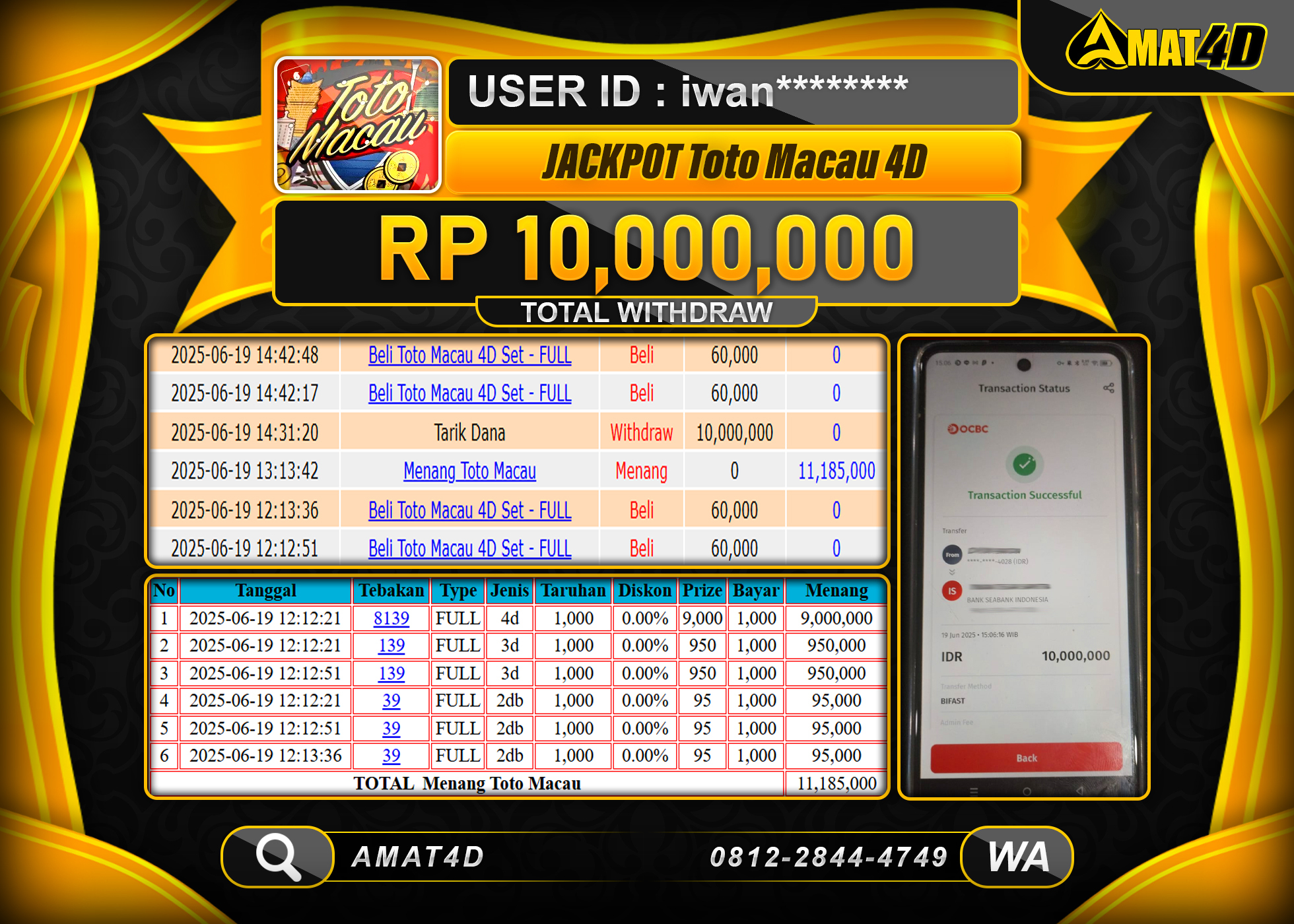 AMAT4D KEMENANGAN TOTO MACAU 4D  Rp.10.000.000 BERHASIL TERBAYAR LUNAS