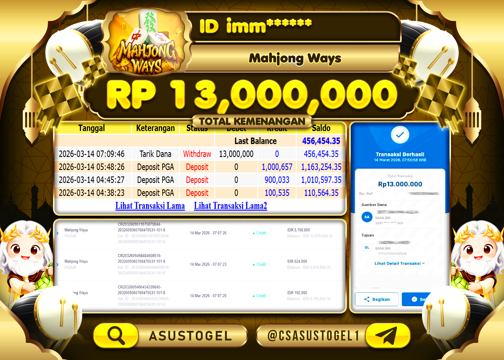 ASUSTOGEL KEMENANGAN DI SLOT MAHJONG WAYS PG SOFT 13,000,000 - RUPIAH LUNAS