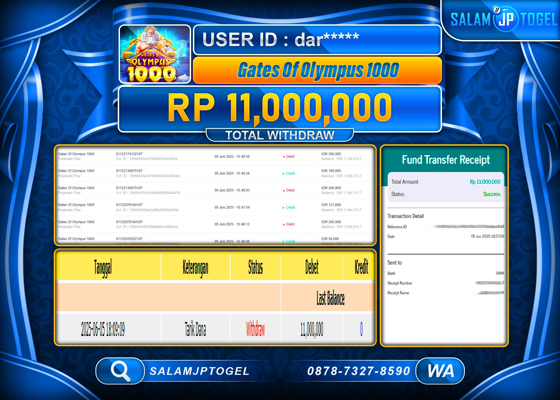 SALAMJPTOGEL MENANG GATES OF OLYMPUS 1000 Rp.11,000,000 LUNAS