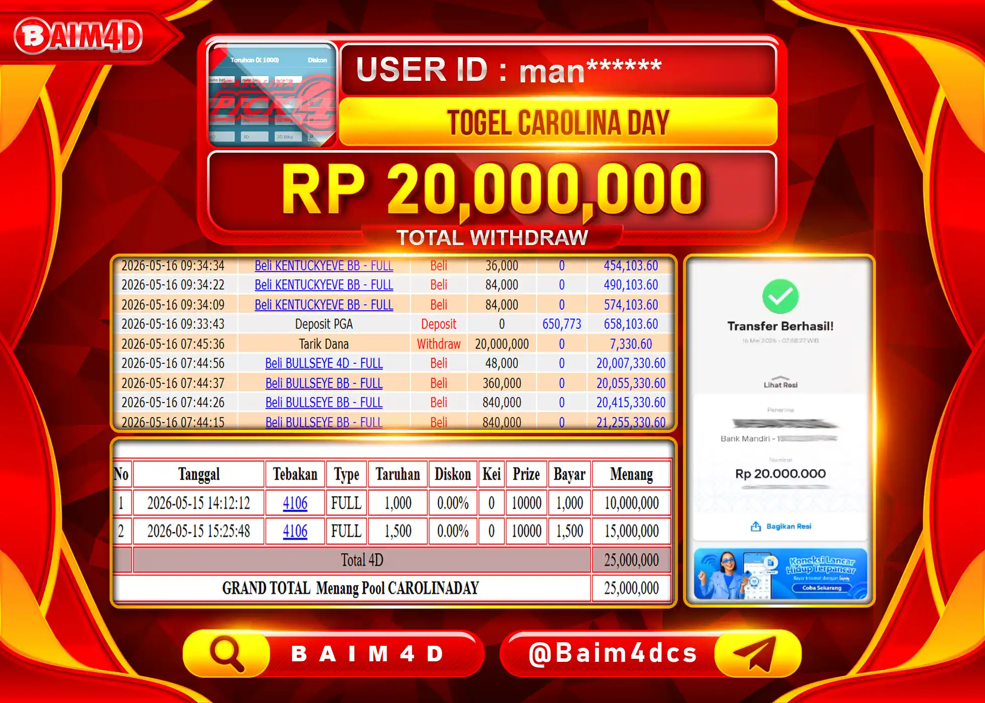 BAIM4D JACKPOT TOGEL CAROLINA DAY Rp.20,000,000 - LUNAS