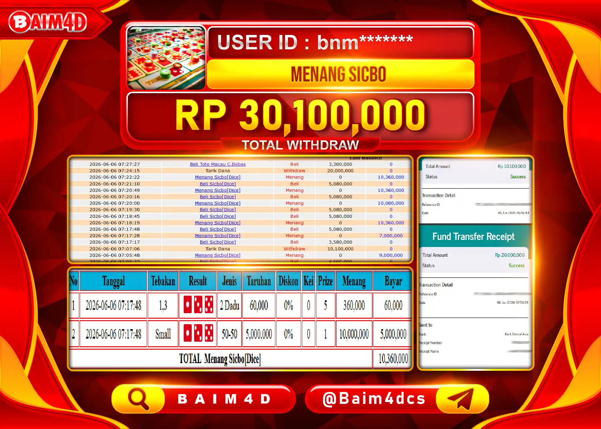 BAIM4D JACKPOT LIVE GAME SICBO {DICE} Rp.30,100,000 - LUNAS