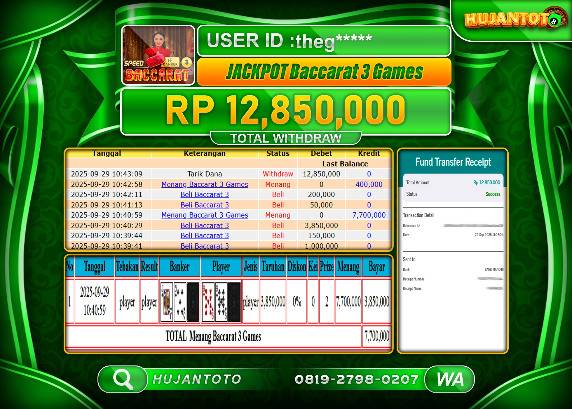 HUJANTOTO - BUKTI JACKPOT MENANG LIVEGAMES BACCARAT 3 GAMES Rp.12,850,000 - TERBAYAR LUNAS