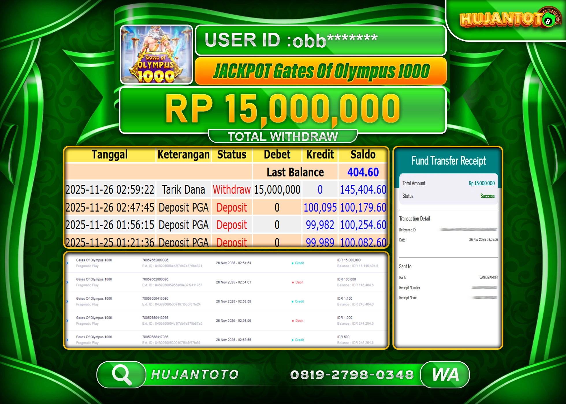 HUJANTOTO - BUKTI JACKPOT MENANG SLOT GATES OF OLYMPUS 1000 Rp.15,000,000 - TERBAYAR LUNAS
